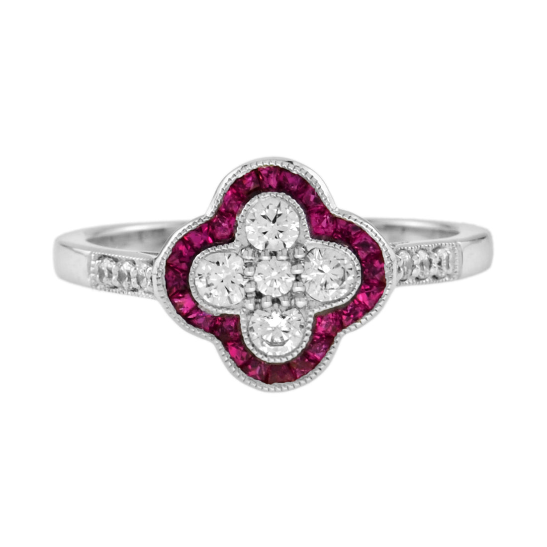Diamond & Red Pink Ruby Art Deco Inspired Style Floral Cluster White Gold Ring