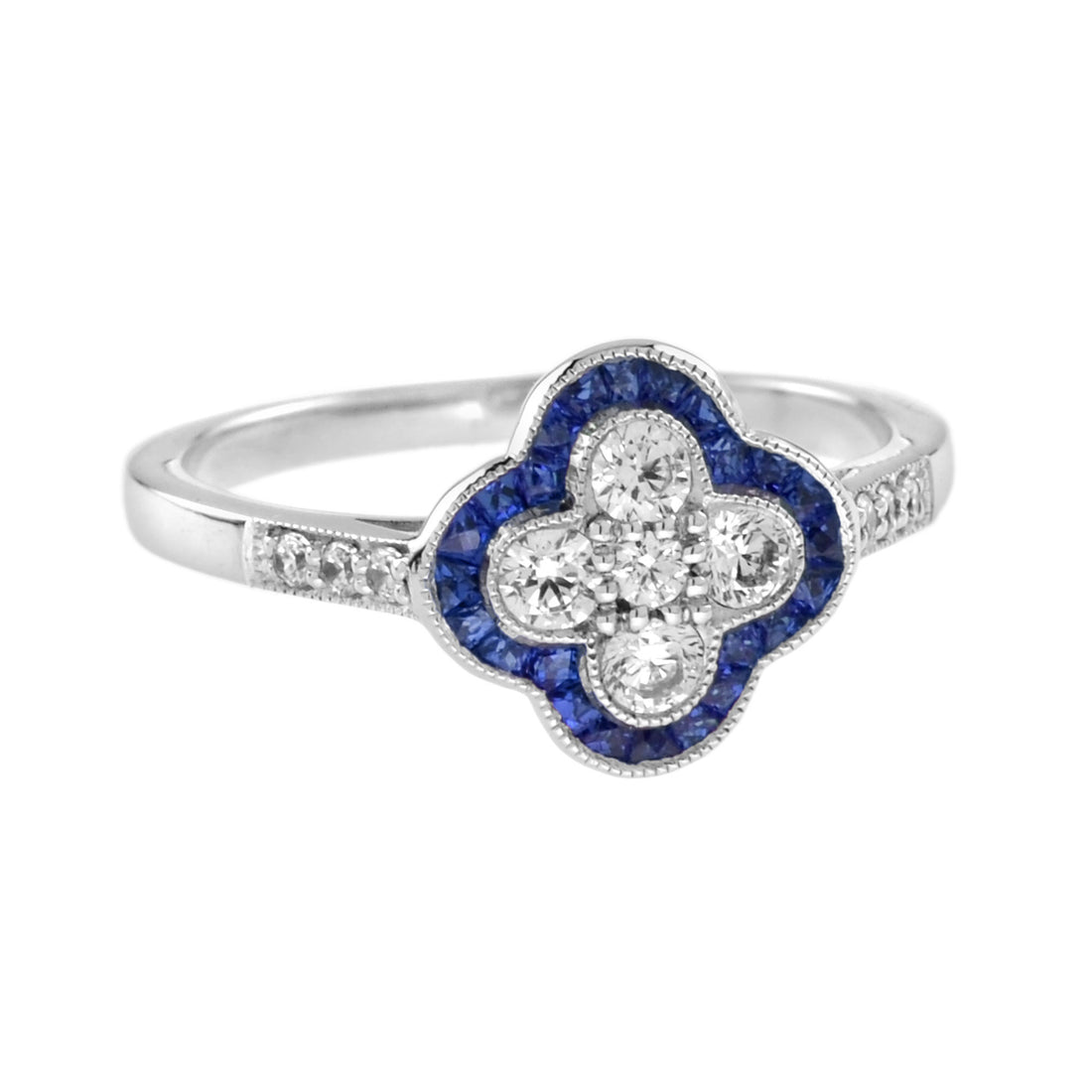 Diamond & Blue Sapphire Halo Art Deco Style Floral Four Clover Motif Gold Ring