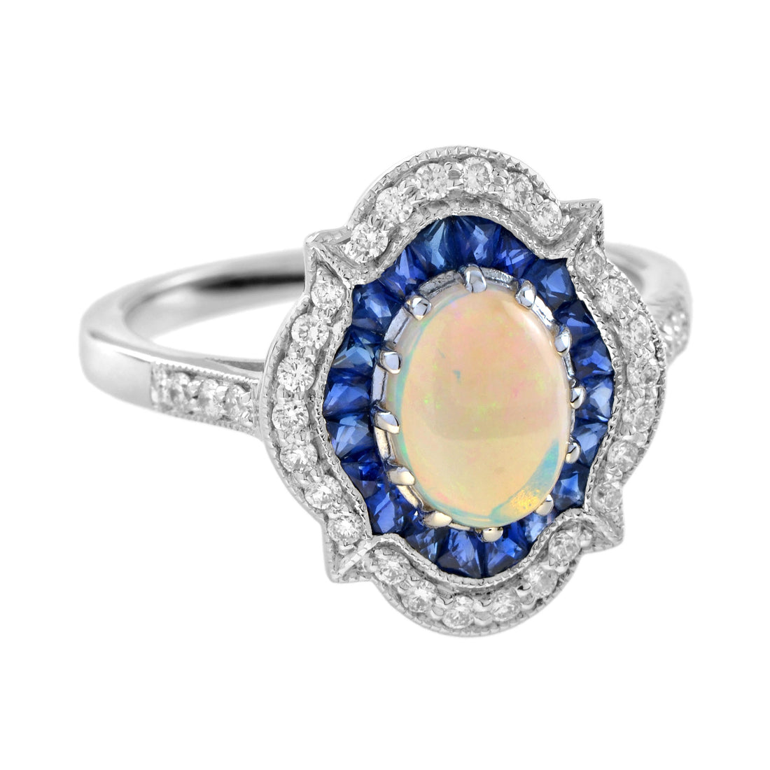 White Oval Opal & Blue Sapphire Diamond Art Deco Style Halo 14K White Gold Ring