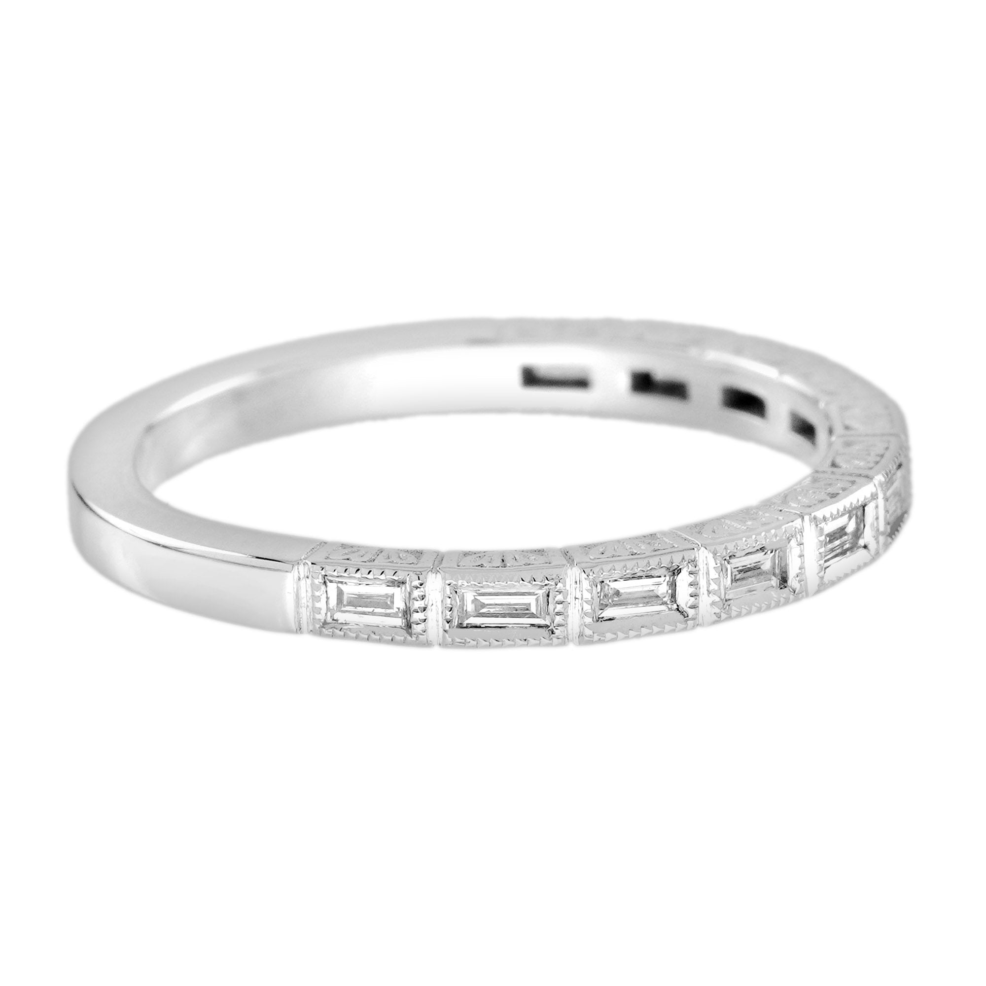 Baguette Diamond Art Deco Style Half Eternity Band 14K White Gold Ring