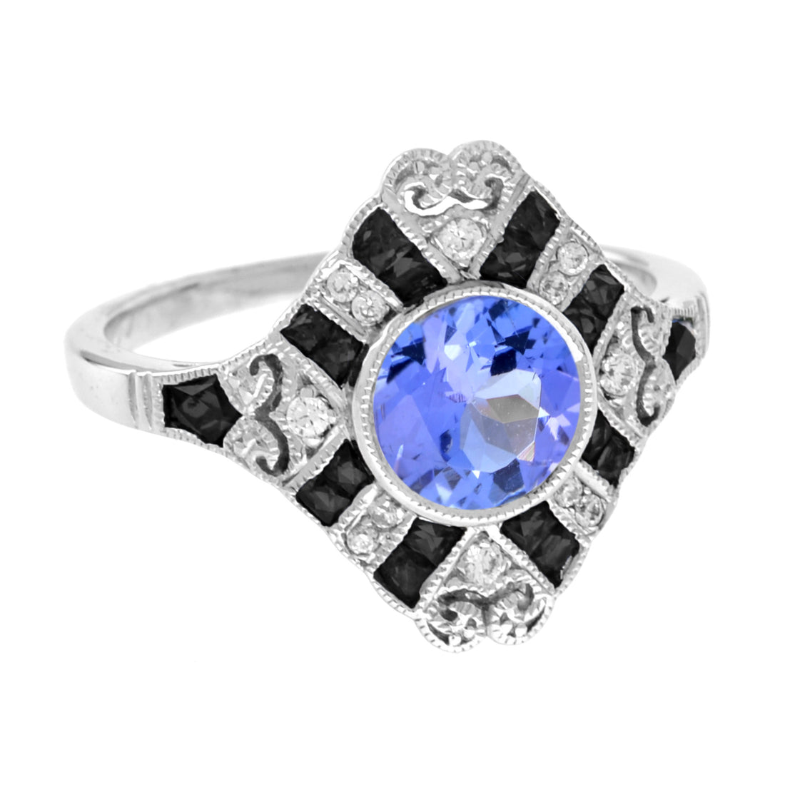 Round Blue Violet Tanzanite Diamond & Onyx Art Deco Style 18K White Gold Ring