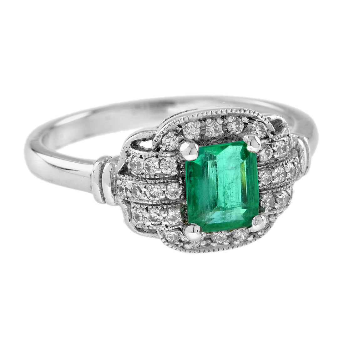 Green Emerald & Diamond Vintage Art Deco Style Halo 14K White Gold Ring