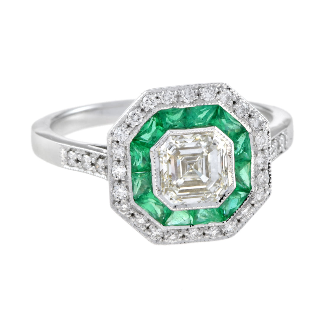 Art Deco Style Square Asscher Diamond & Emerald Engagement 18K White Gold Ring