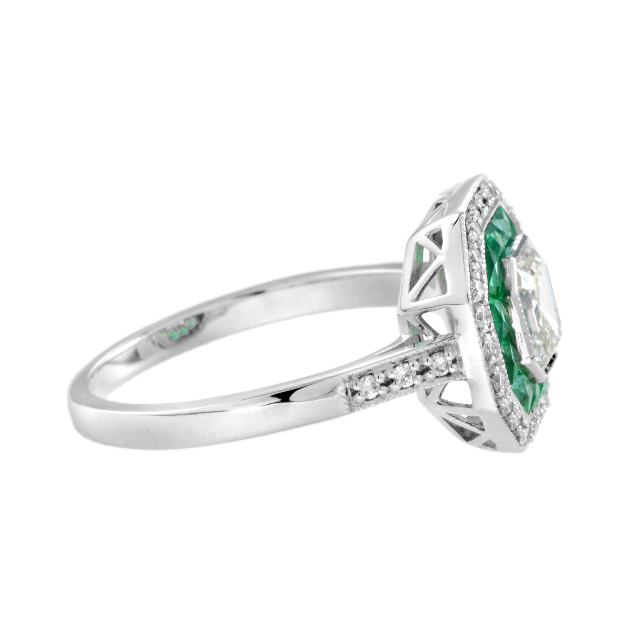 Art Deco Style Square Asscher Diamond & Emerald Engagement 18K White Gold Ring
