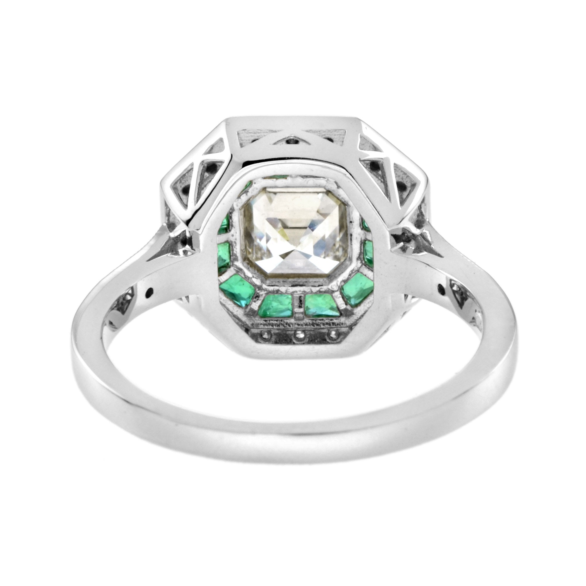 Art Deco Style Square Asscher Diamond & Emerald Engagement 18K White Gold Ring