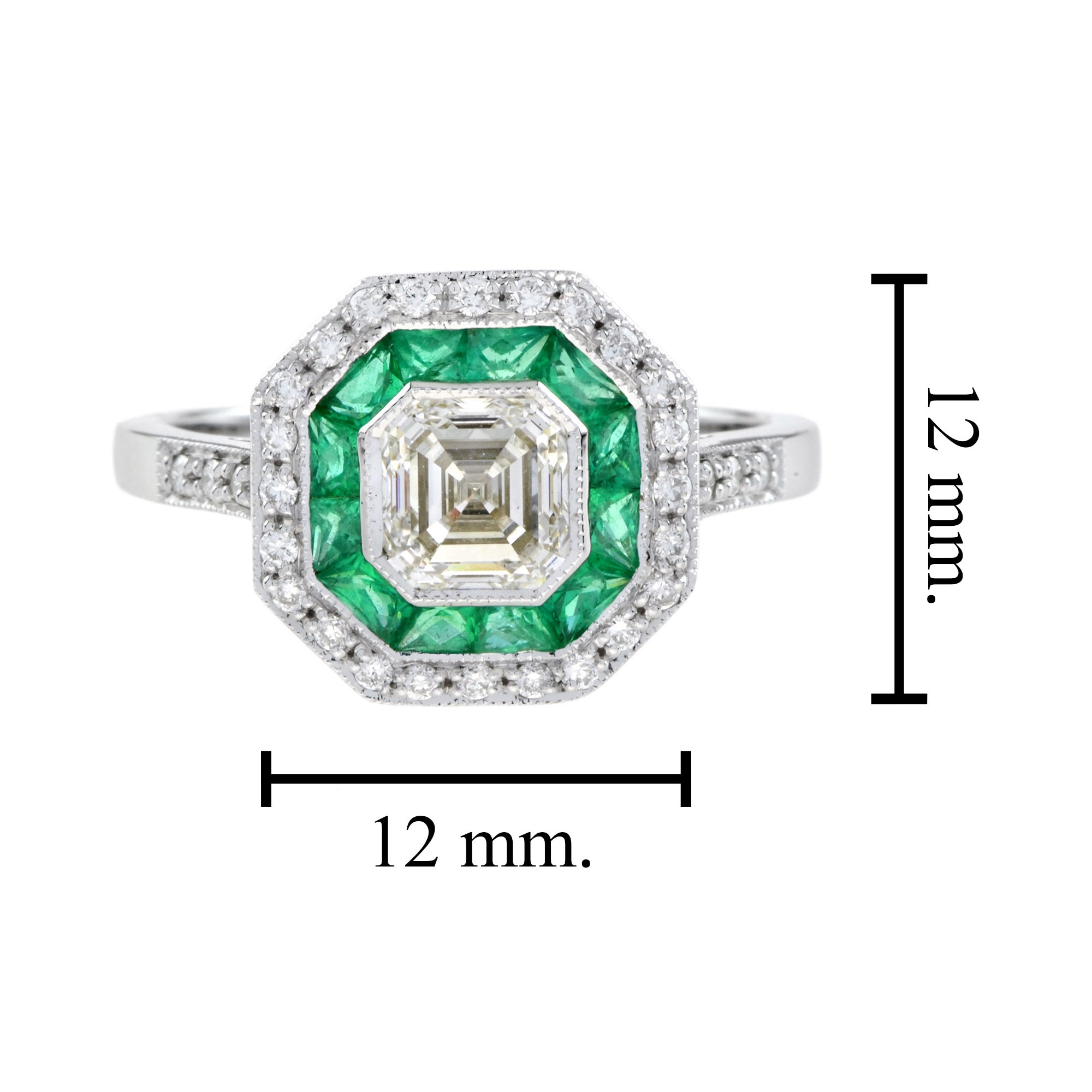 Art Deco Style Square Asscher Diamond & Emerald Engagement 18K White Gold Ring