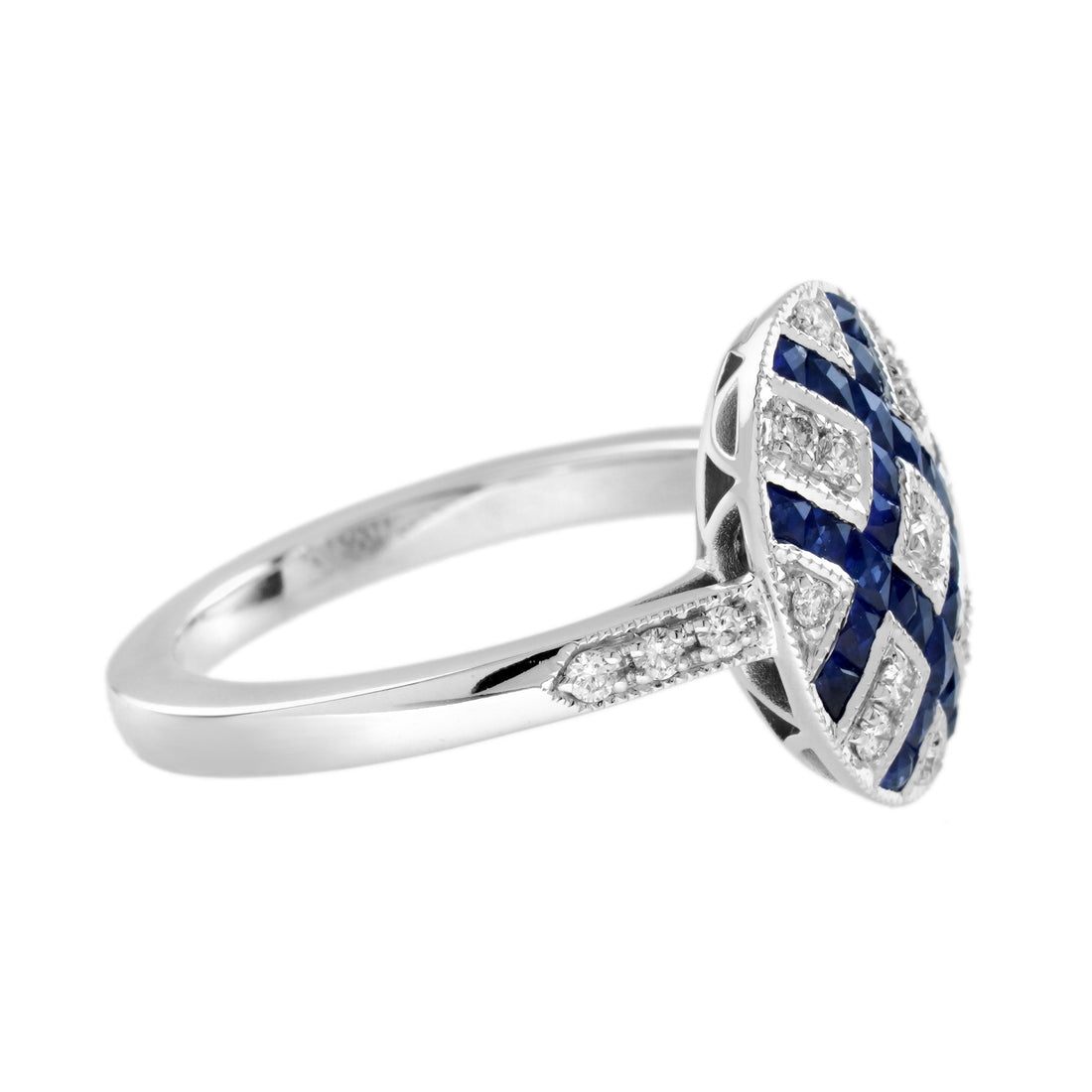 Diamond & Blue Sapphire Vintage Inspired Art Deco Style Cluster White Gold Ring