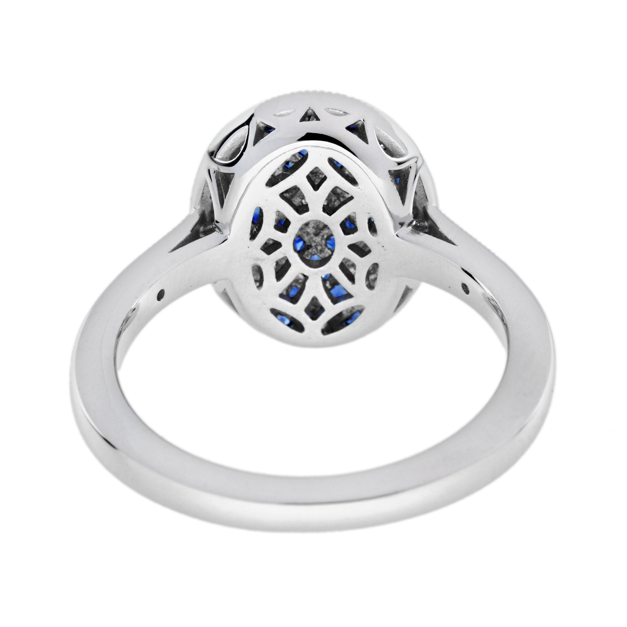 Diamond & Blue Sapphire Vintage Inspired Art Deco Style Cluster White Gold Ring