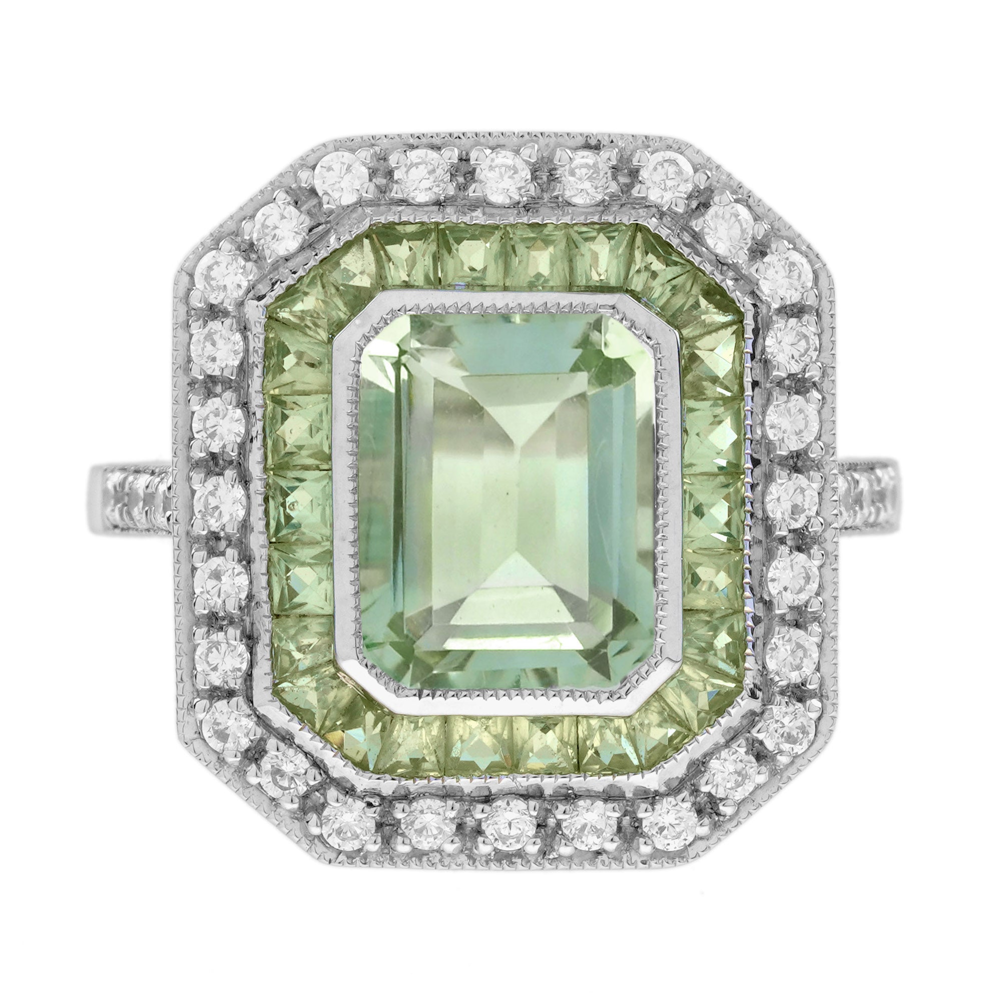 Rectangle Green Amethyst & Peridot Diamond Art Deco Style 14K White Gold Ring