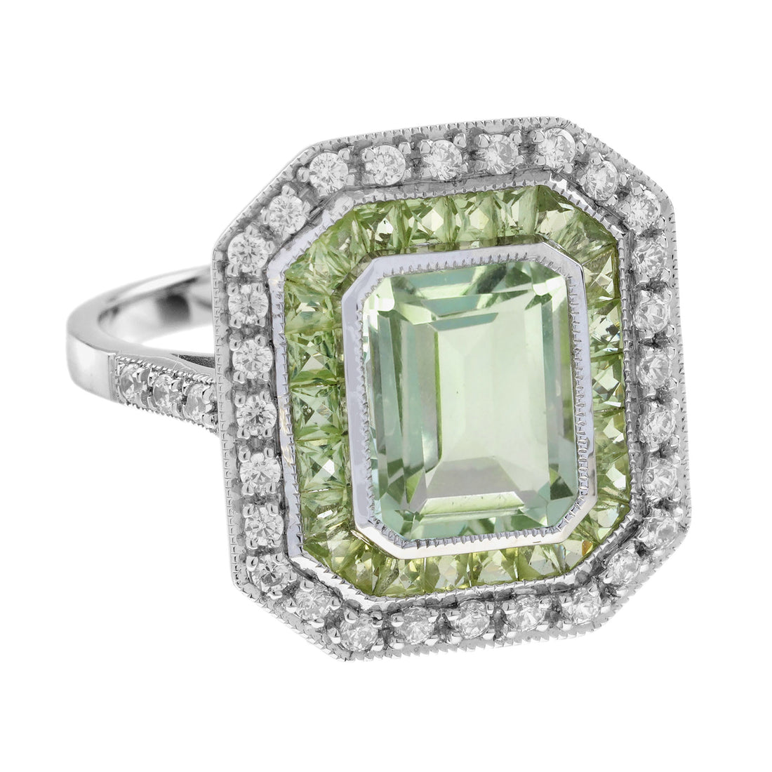 Rectangle Green Amethyst & Peridot Diamond Art Deco Style 14K White Gold Ring