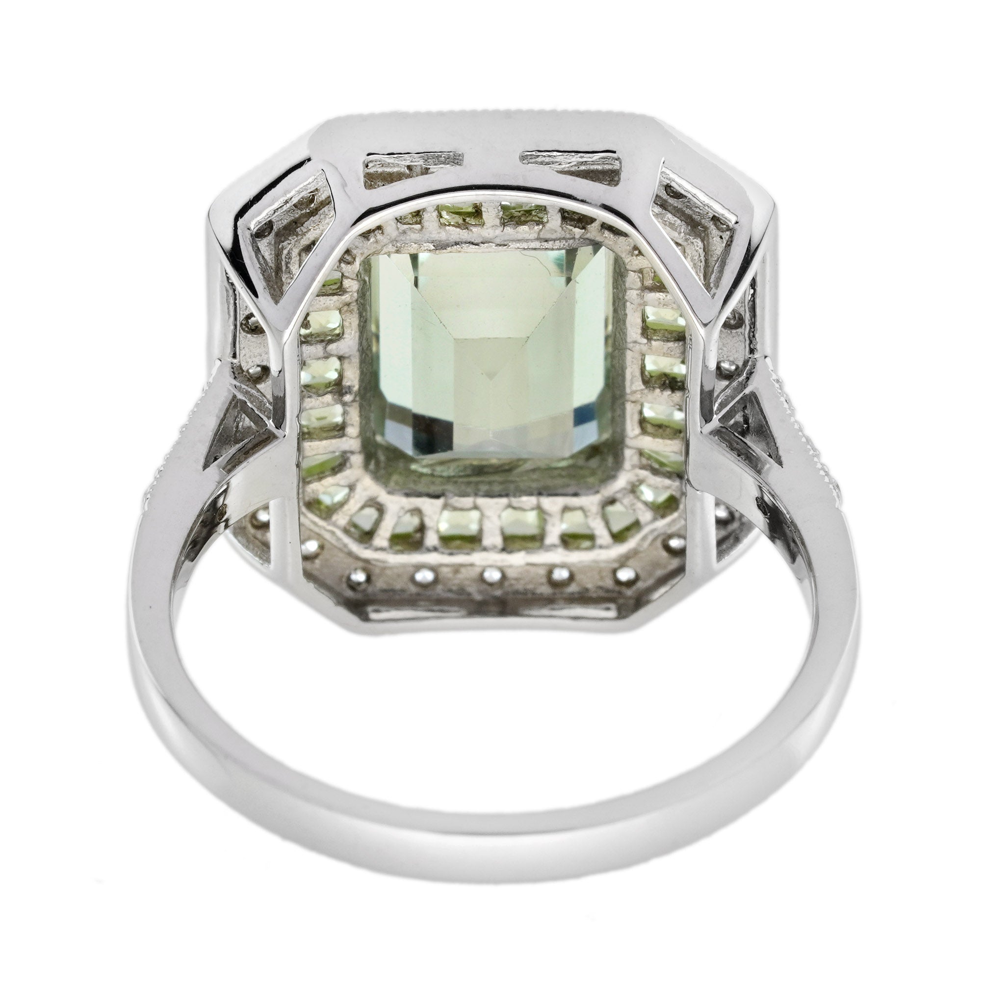Rectangle Green Amethyst & Peridot Diamond Art Deco Style 14K White Gold Ring