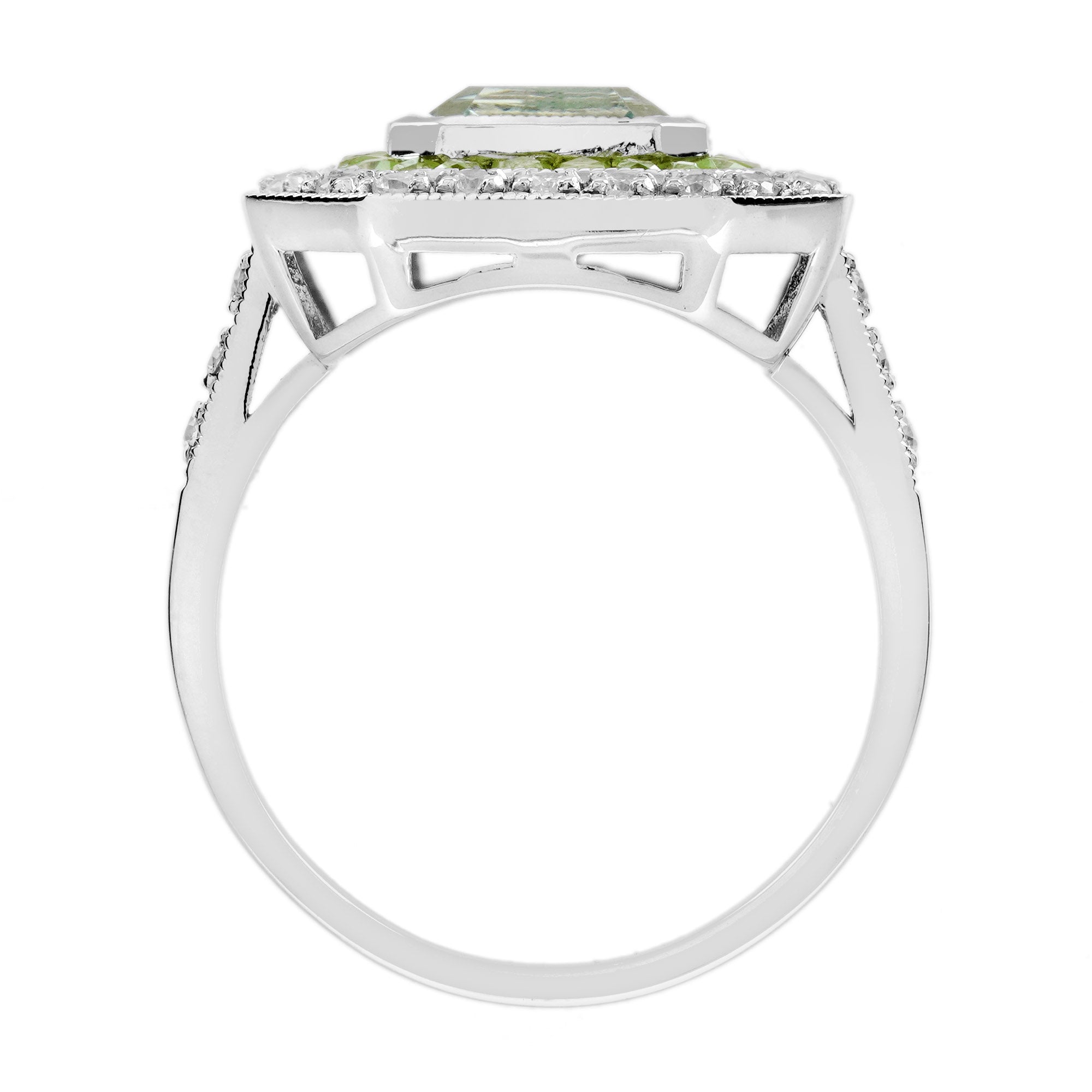 Rectangle Green Amethyst & Peridot Diamond Art Deco Style 14K White Gold Ring