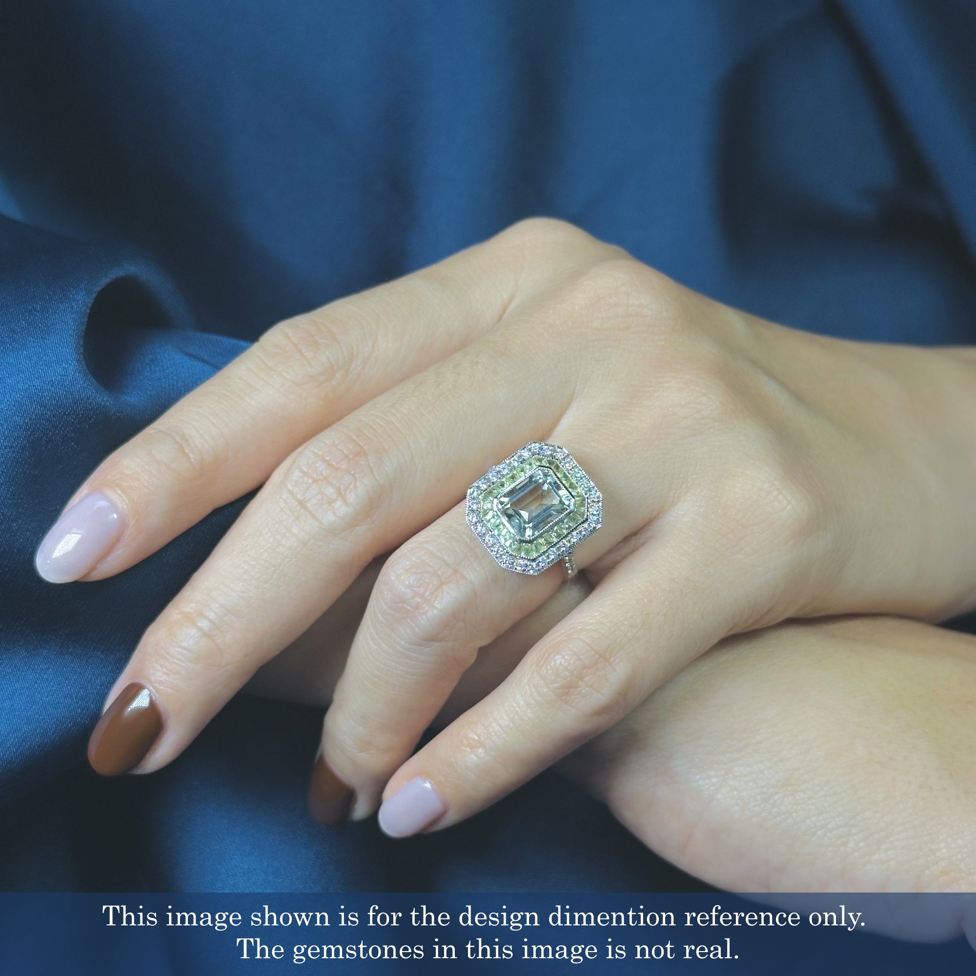 Rectangle Green Amethyst & Peridot Diamond Art Deco Style 14K White Gold Ring