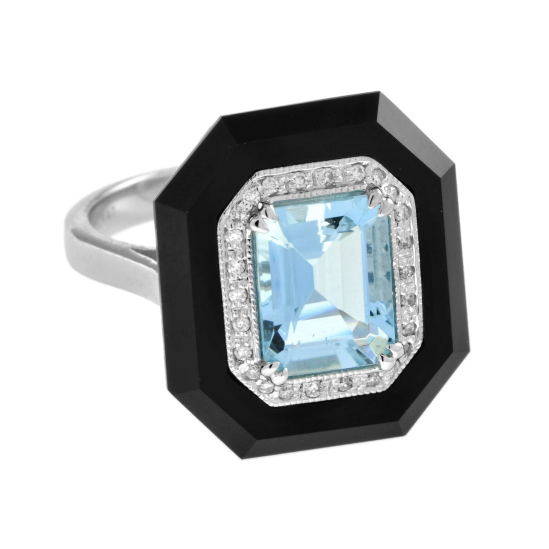Art Deco Style Emerald Cut Blue Aquamarine & Diamond Onyx 14K White Gold Ring