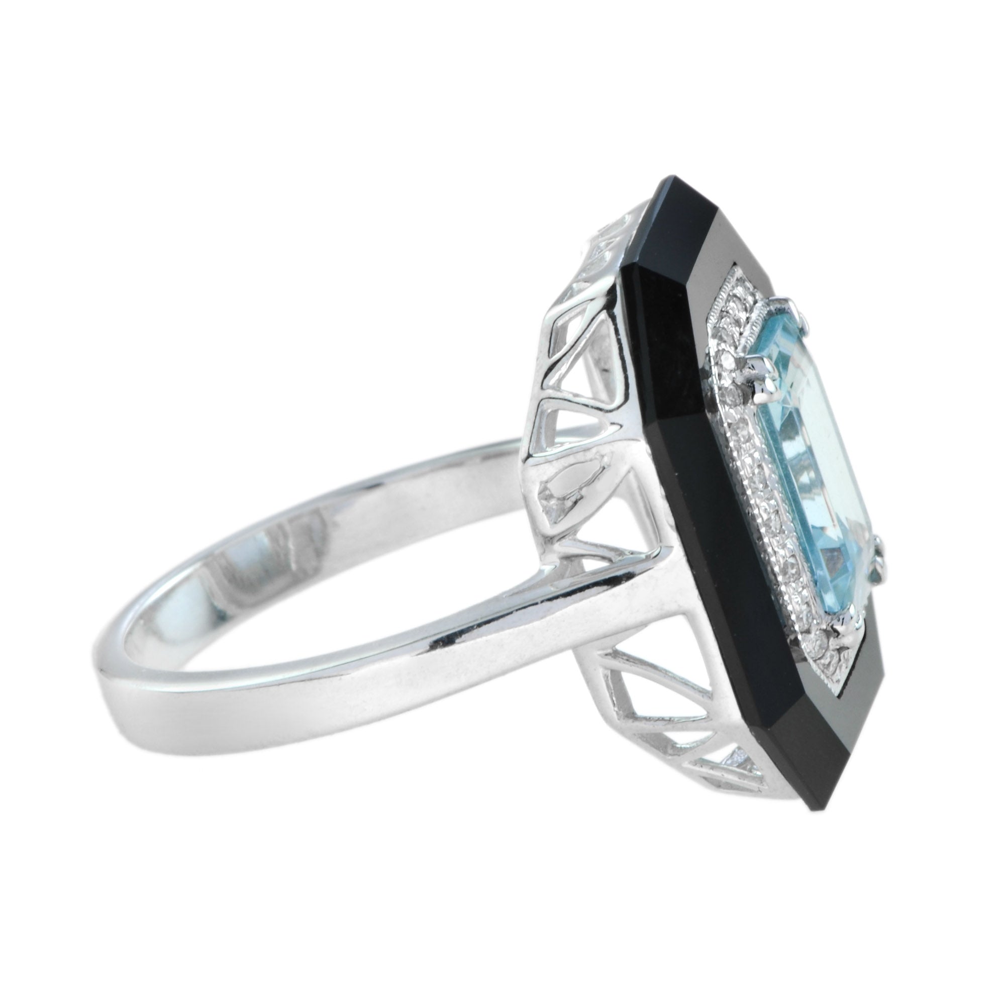 Art Deco Style Emerald Cut Blue Aquamarine & Diamond Onyx 14K White Gold Ring