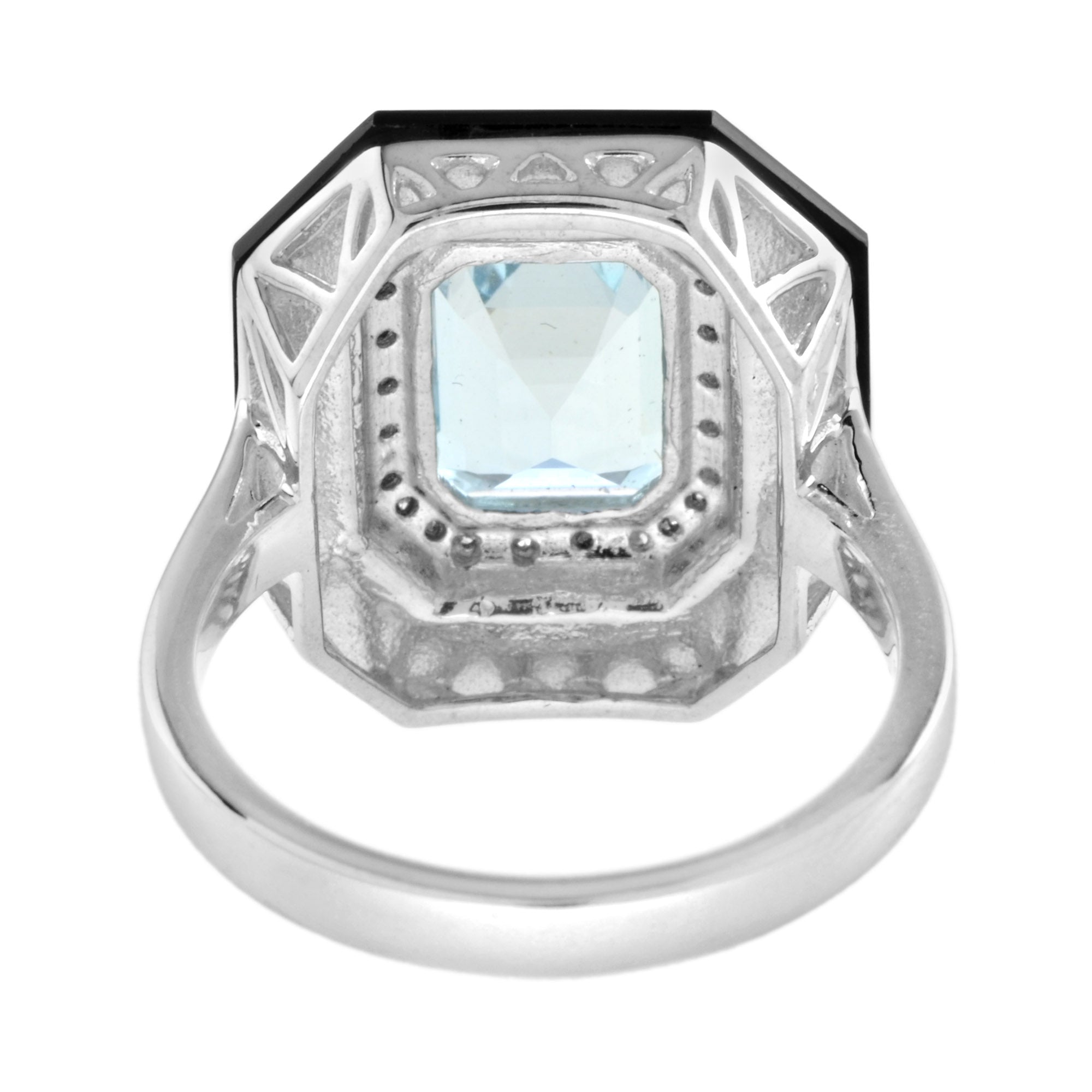 Art Deco Style Emerald Cut Blue Aquamarine & Diamond Onyx 14K White Gold Ring