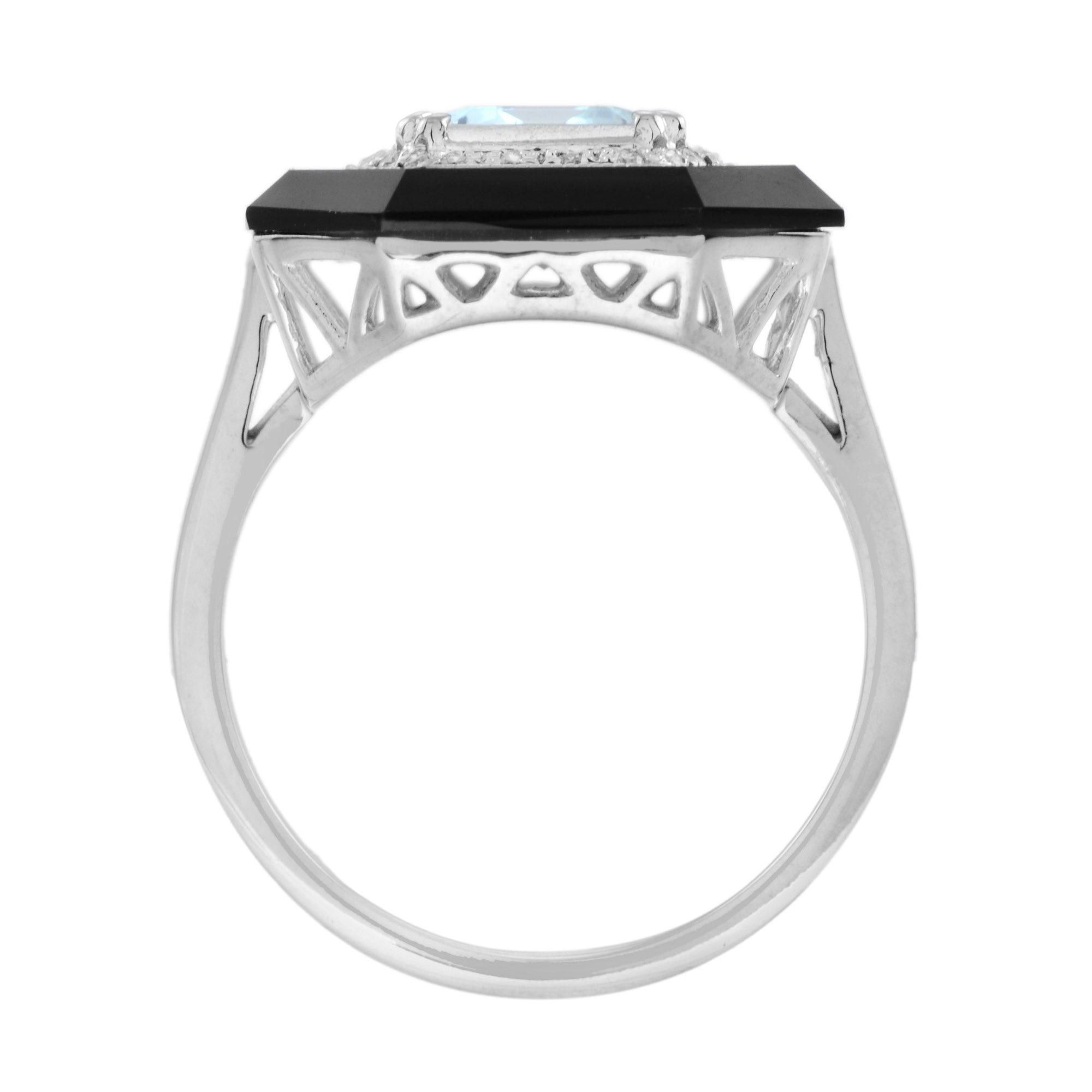 Art Deco Style Emerald Cut Blue Aquamarine & Diamond Onyx 14K White Gold Ring