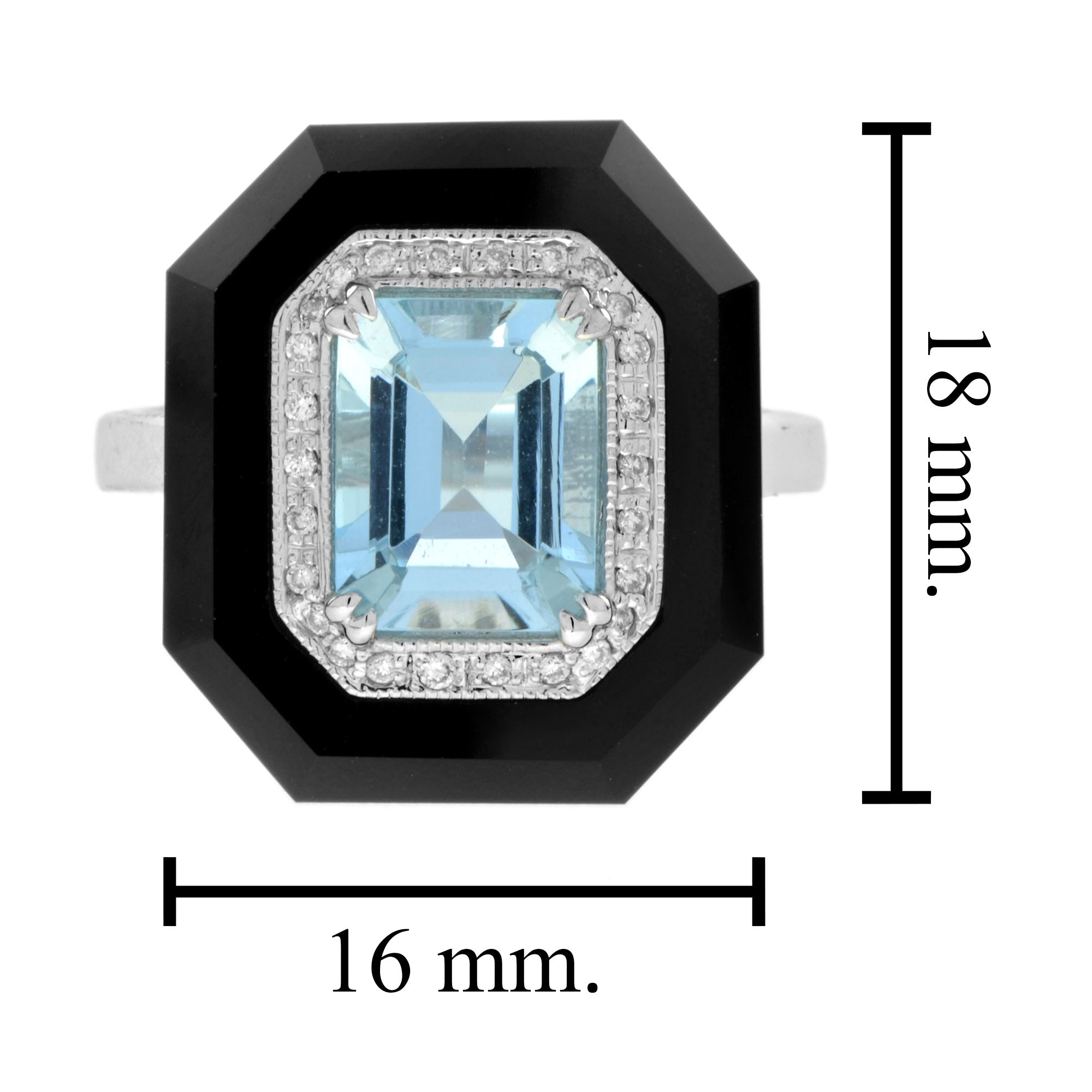 Art Deco Style Emerald Cut Blue Aquamarine & Diamond Onyx 14K White Gold Ring