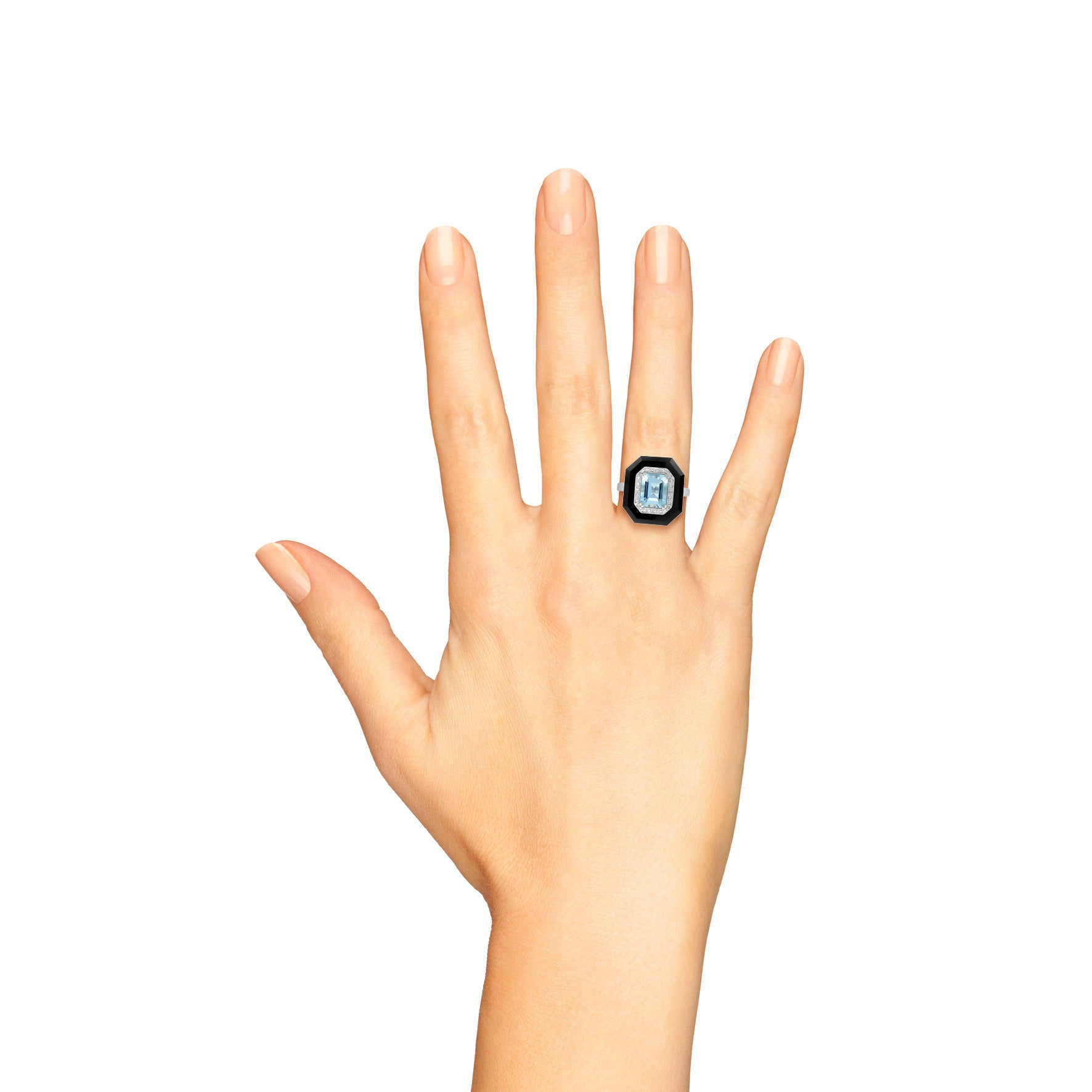Art Deco Style Emerald Cut Blue Aquamarine & Diamond Onyx 14K White Gold Ring