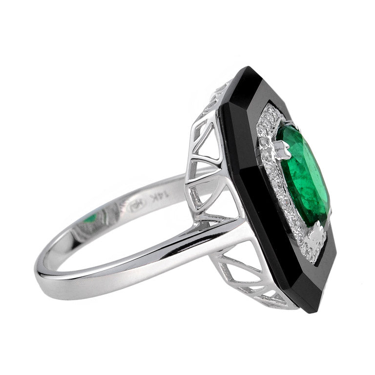 Art Deco Style Green Zambian Emerald & Diamond Black Onyx White Gold Shield Ring