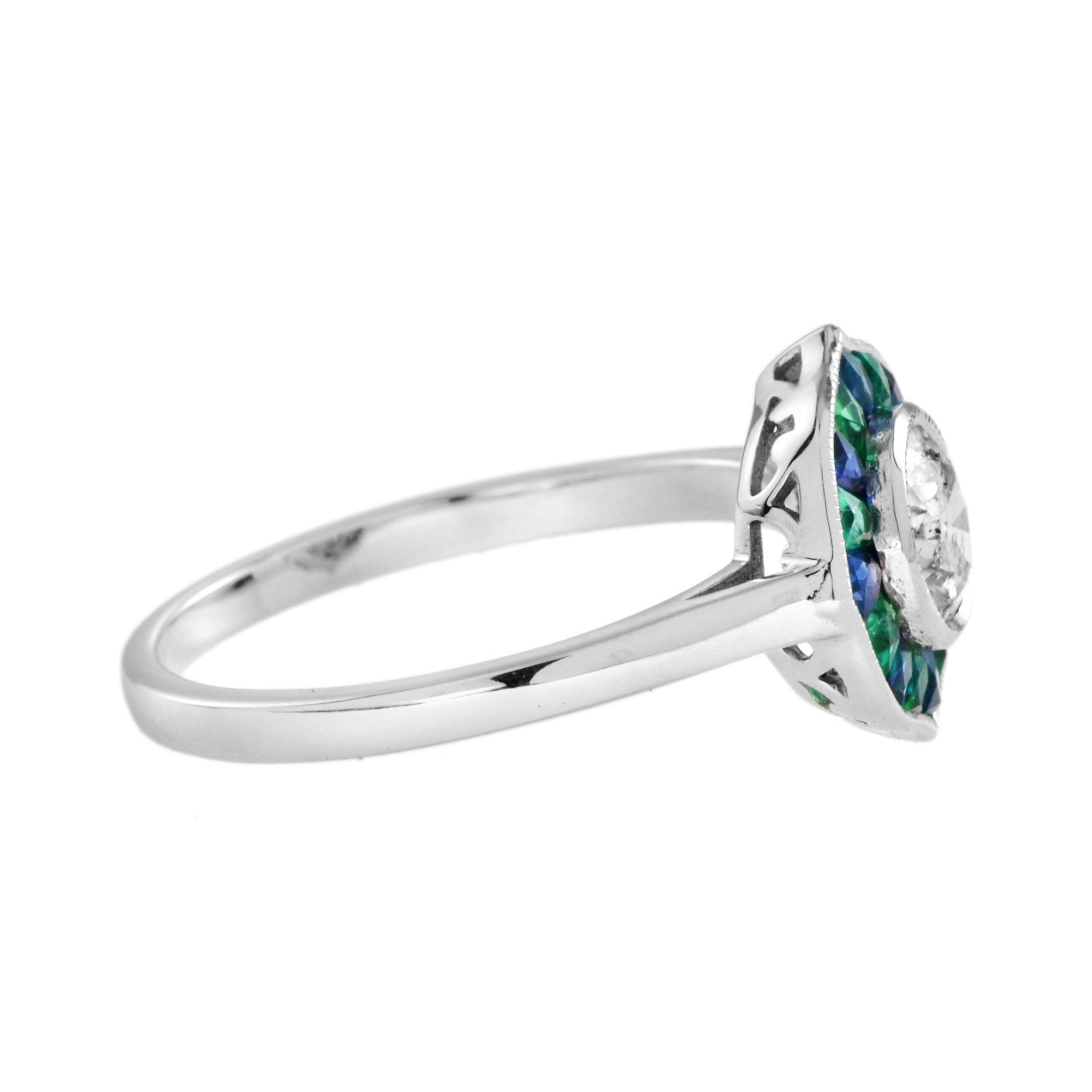 Round Diamond with Emerald & Sapphire Art Deco Style Mosaic White Gold Ring
