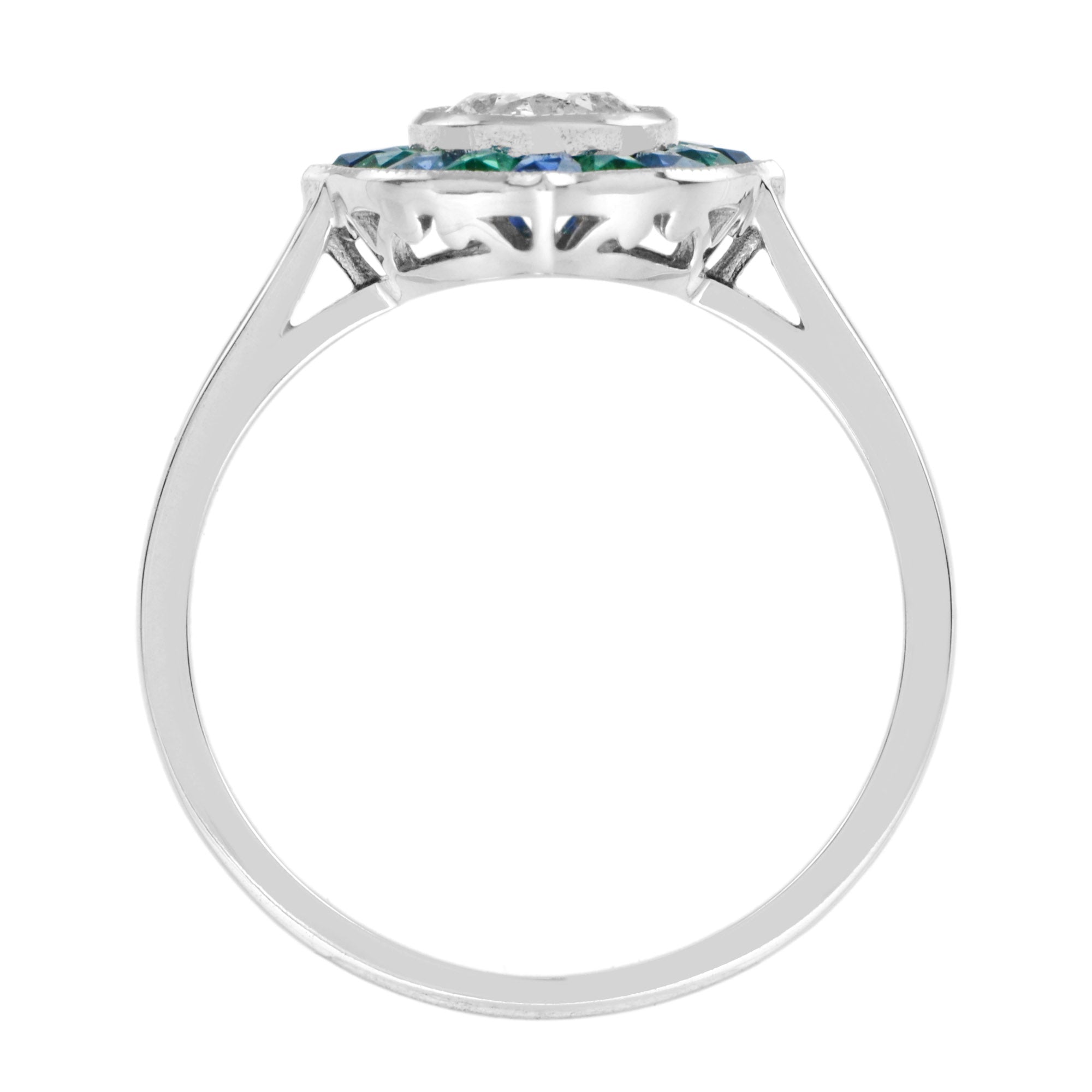 Round Diamond with Emerald & Sapphire Art Deco Style Mosaic White Gold Ring