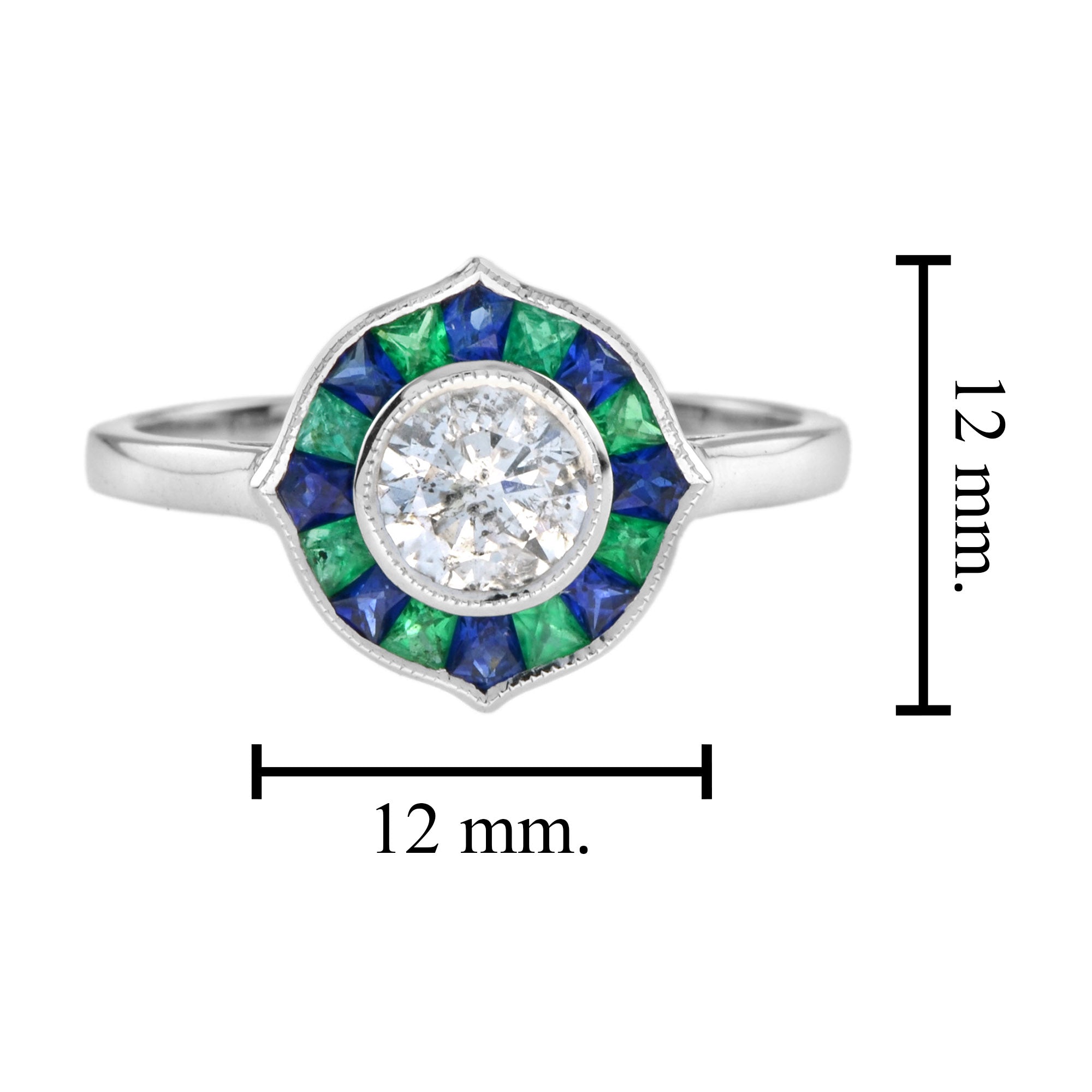 Round Diamond with Emerald & Sapphire Art Deco Style Mosaic White Gold Ring