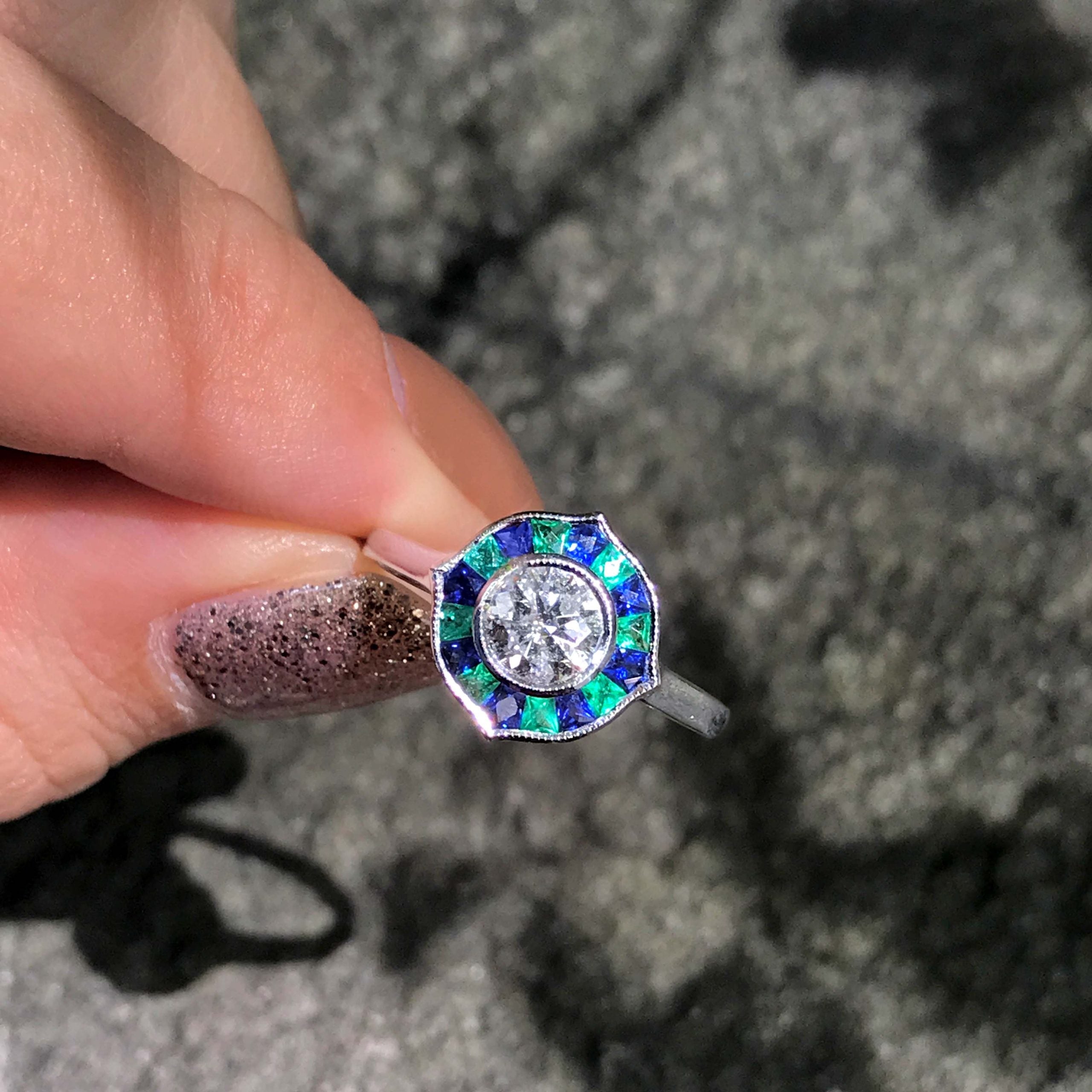 Round Diamond with Emerald & Sapphire Art Deco Style Mosaic White Gold Ring