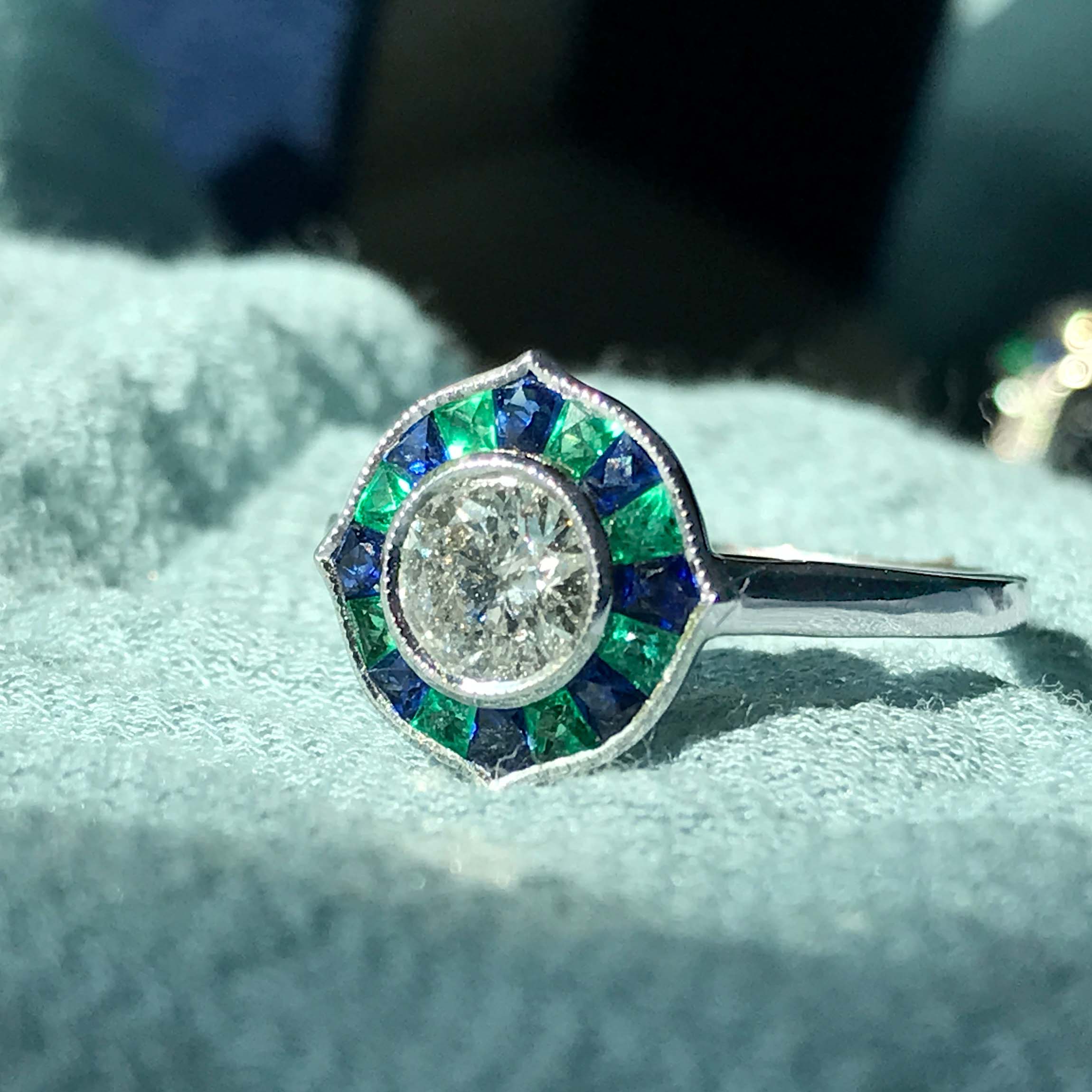 Round Diamond with Emerald & Sapphire Art Deco Style Mosaic White Gold Ring