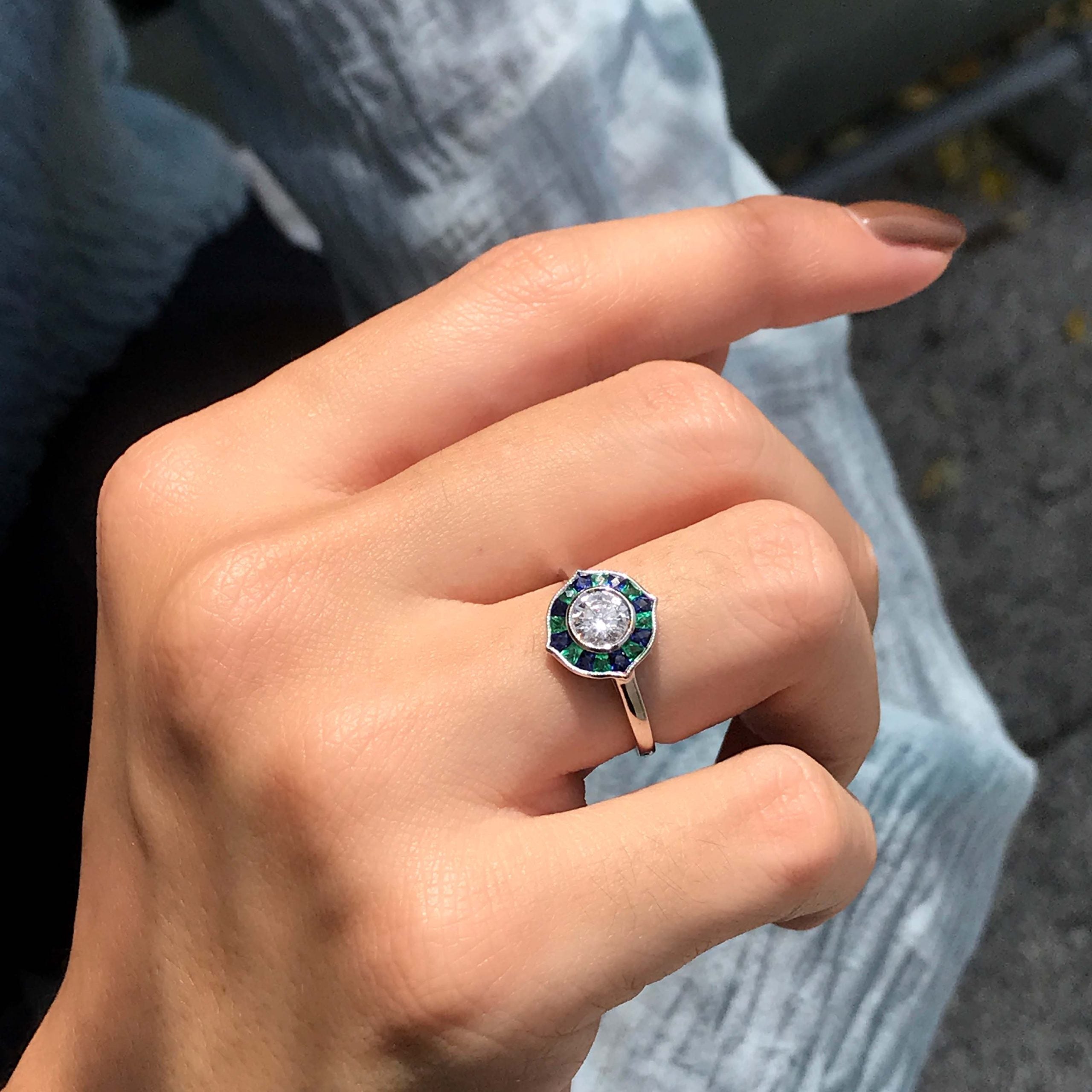 Round Diamond with Emerald & Sapphire Art Deco Style Mosaic White Gold Ring