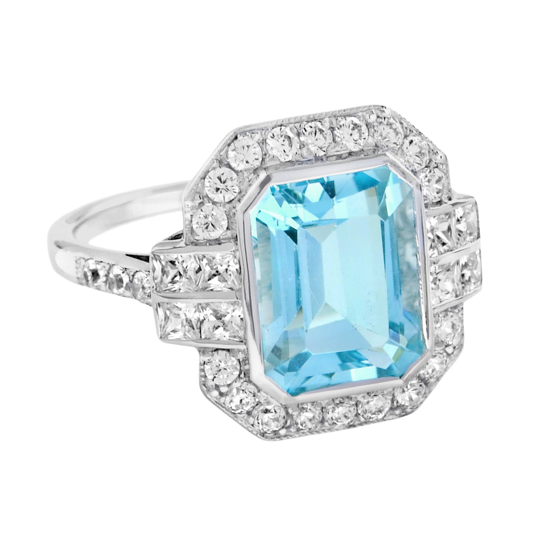 Rectangle Emerald Cut Blue Aquamarine & Diamond Art Deco Style White Gold Ring