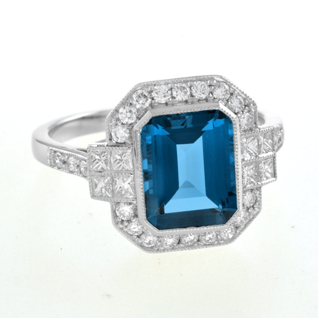 Rectangle Emerald Cut London Blue Topaz & Diamond Halo Engagement Platinum Ring