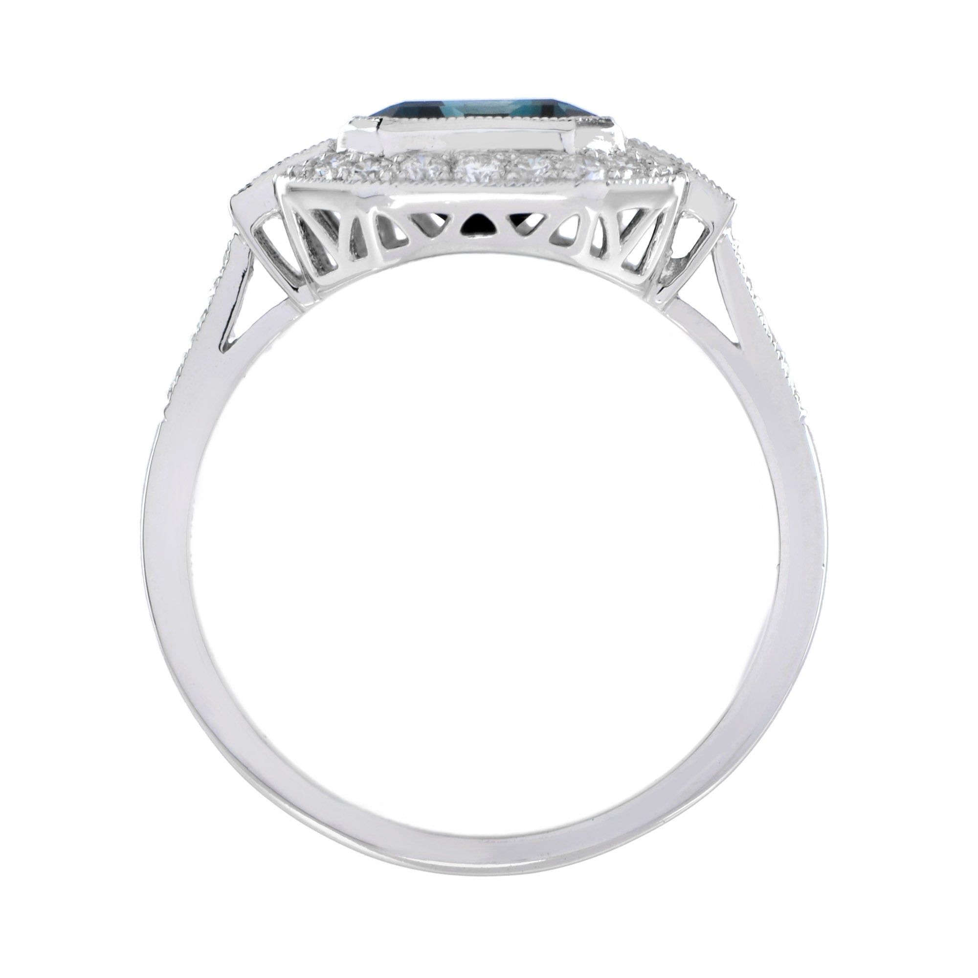 Rectangle Emerald Cut London Blue Topaz & Diamond Halo Engagement Platinum Ring