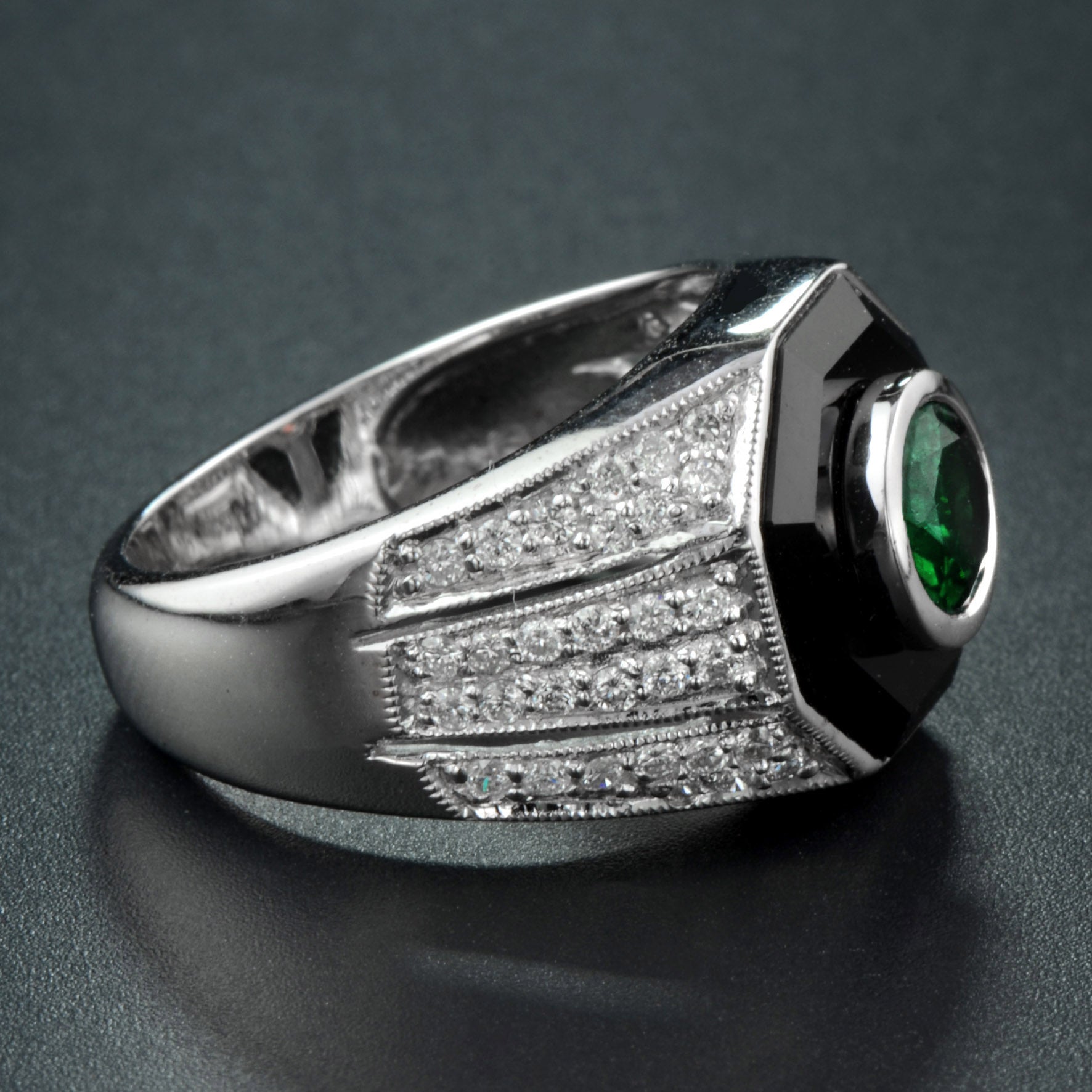 Emerald Diamond & Black Onyx Art Deco Style Dome 14K White Gold Ring