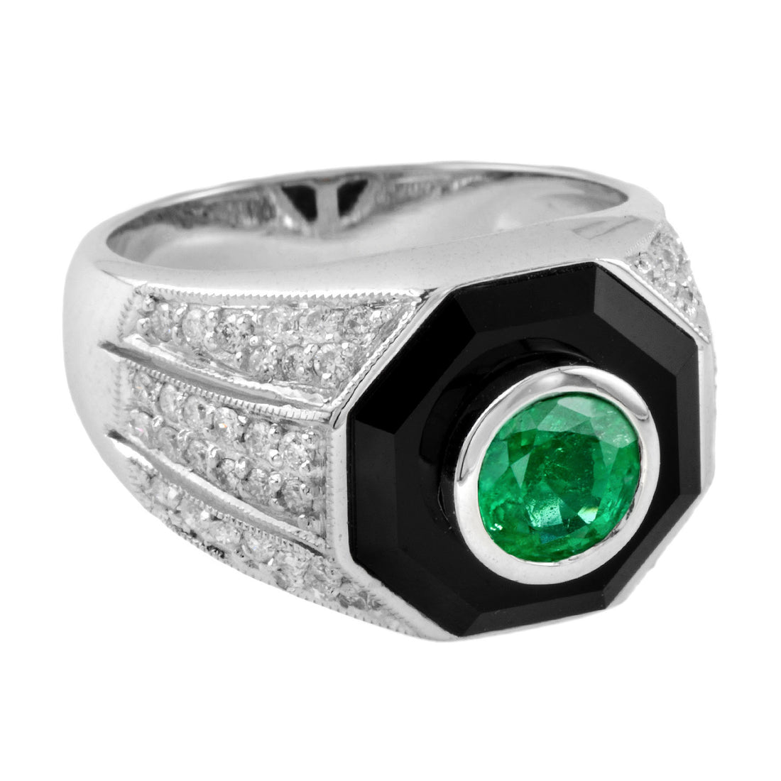 Emerald Diamond & Black Onyx Art Deco Style Dome 14K White Gold Ring
