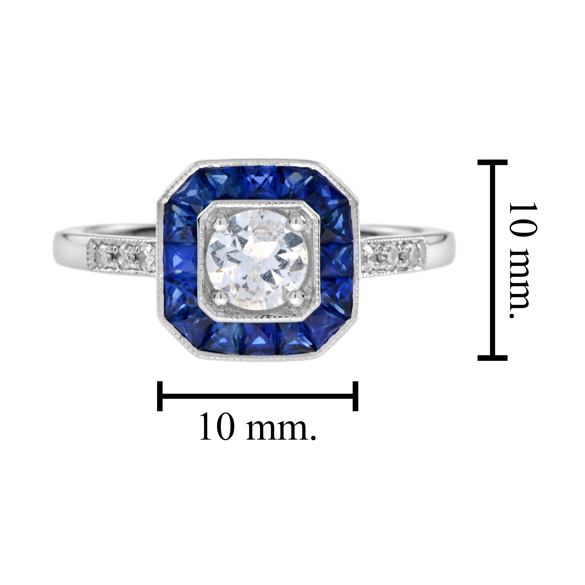 Diamond & Blue Sapphire Fancy Cut Halo Art Deco Style Engagement White Gold Ring