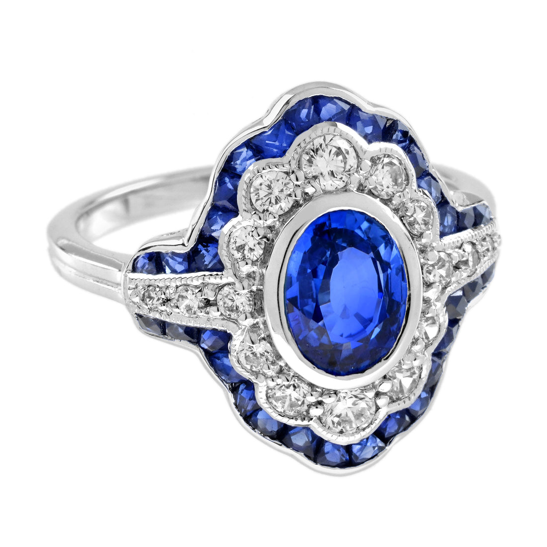 Oval Shape Blue Sapphire & Diamond Art Deco Style Statement Ring