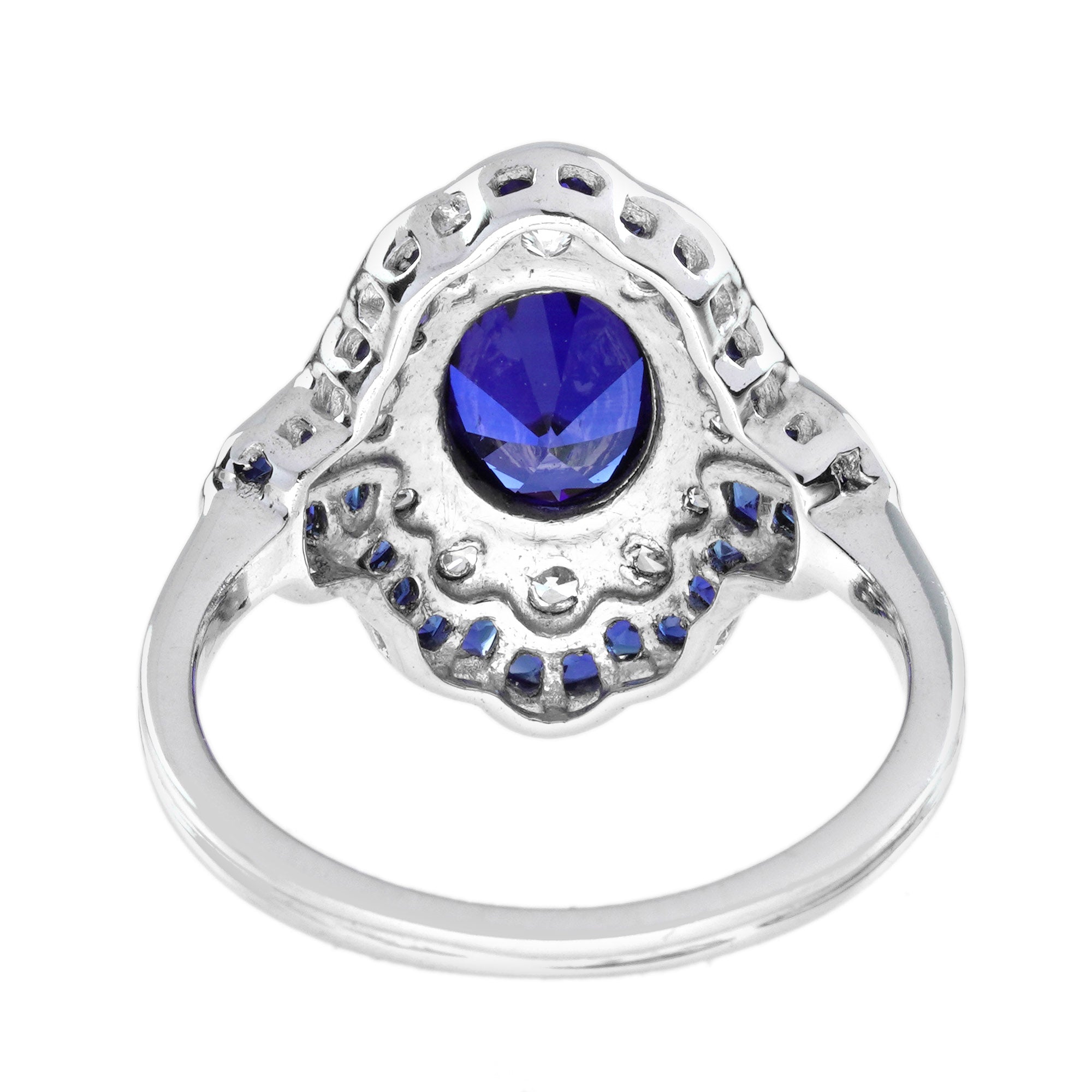 Oval Shape Blue Sapphire & Diamond Art Deco Style Statement Ring