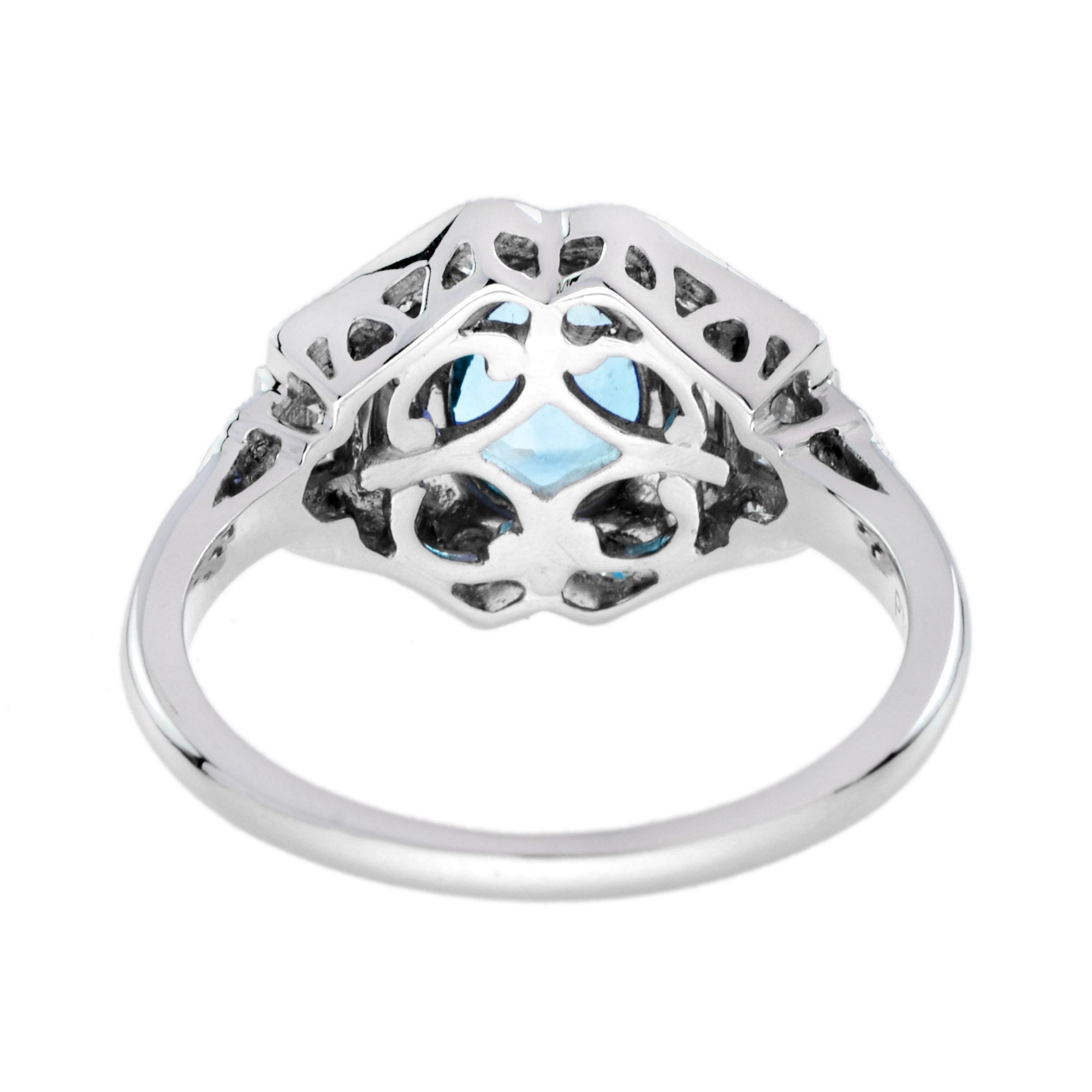 Oval Shape Blue Aquamarine & Diamond Art Deco Style 14K White Gold Ring