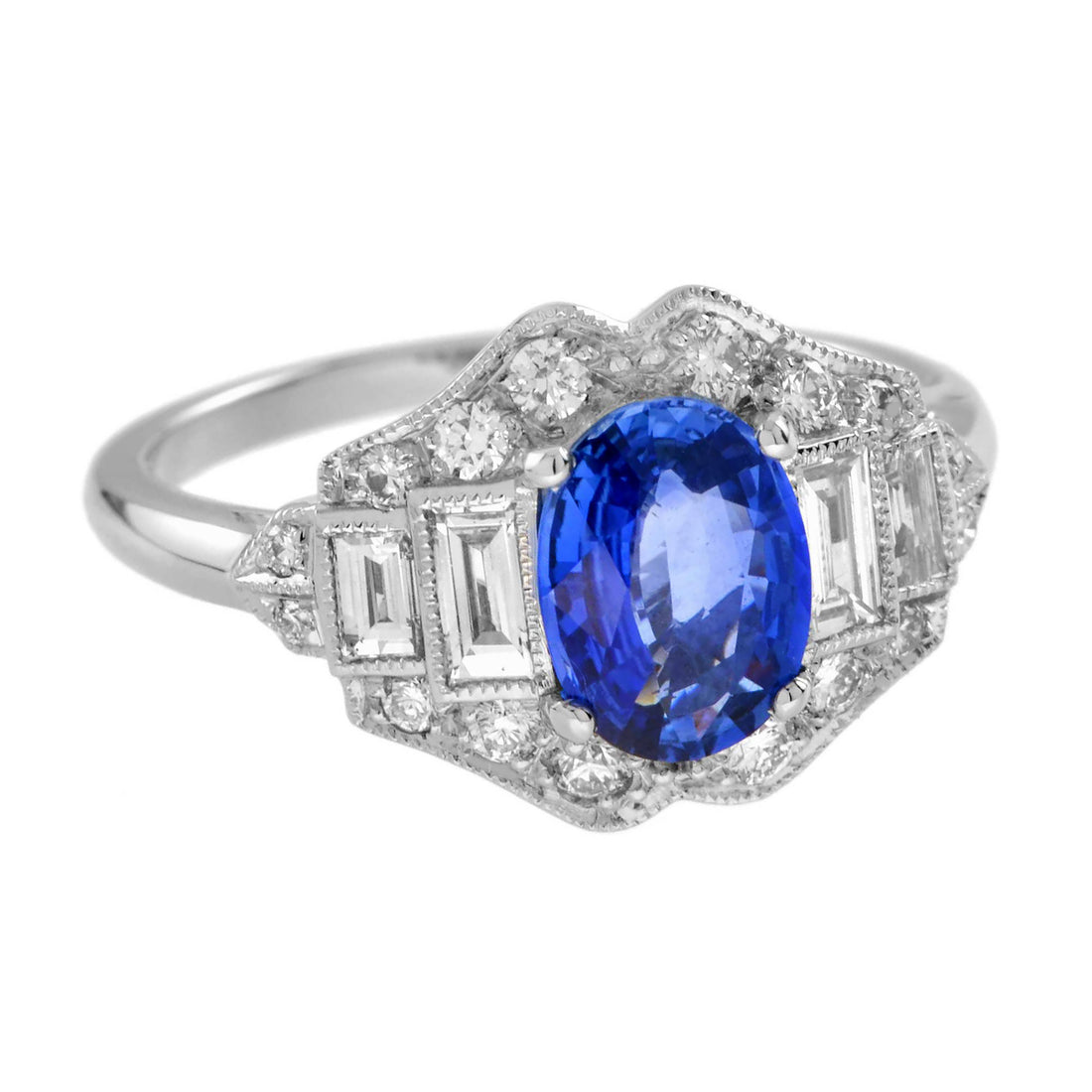 Blue Oval Shape Sapphire & Diamond Art Deco Style Engagement 14K White Gold Ring