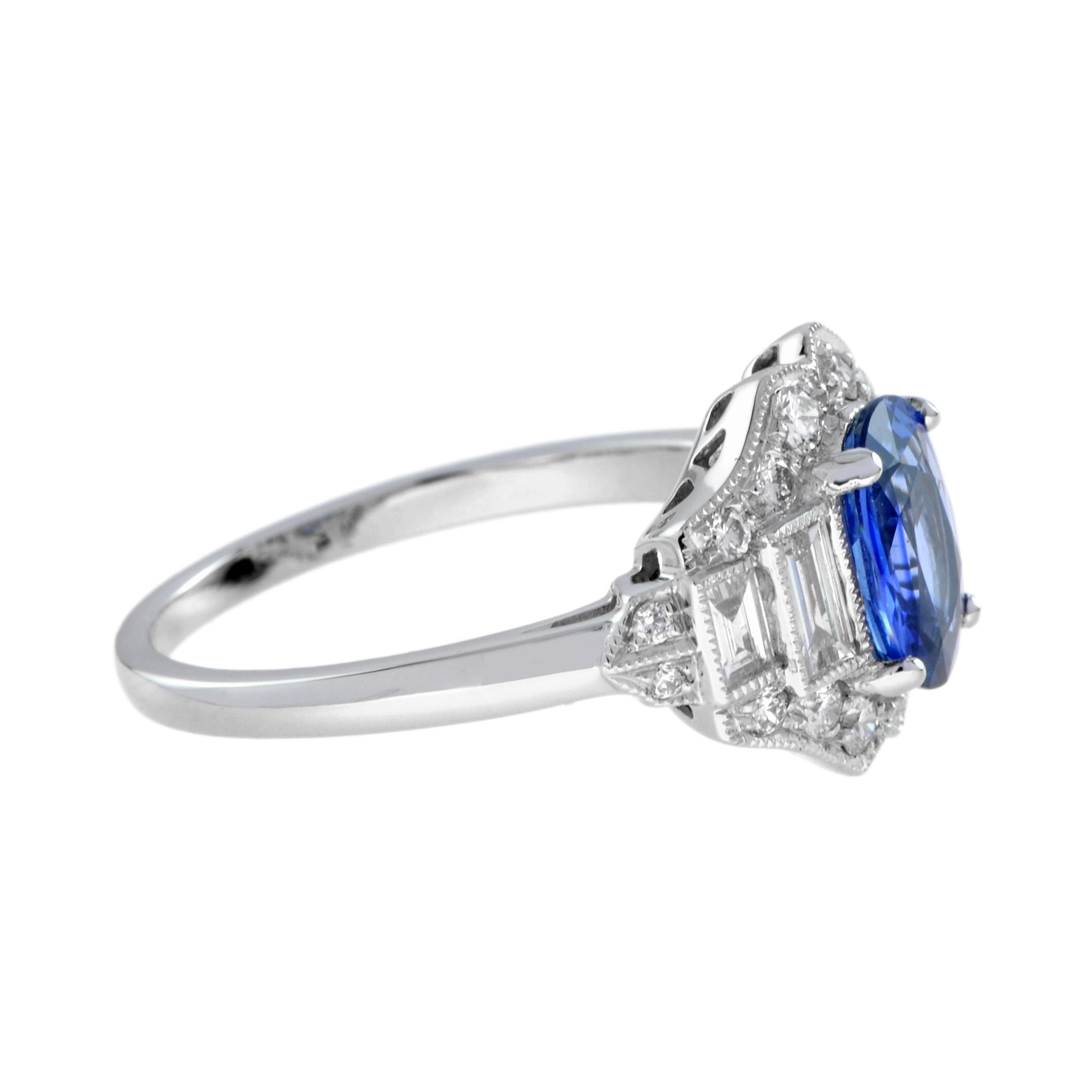 Blue Oval Shape Sapphire & Diamond Art Deco Style Engagement 14K White Gold Ring