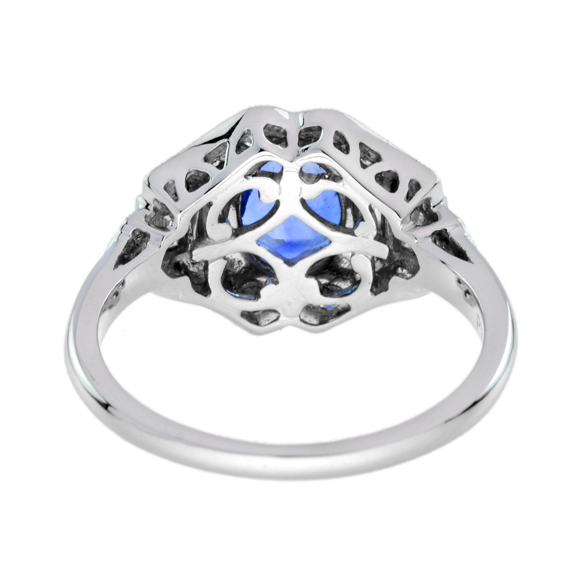 Blue Oval Shape Sapphire & Diamond Art Deco Style Engagement 14K White Gold Ring
