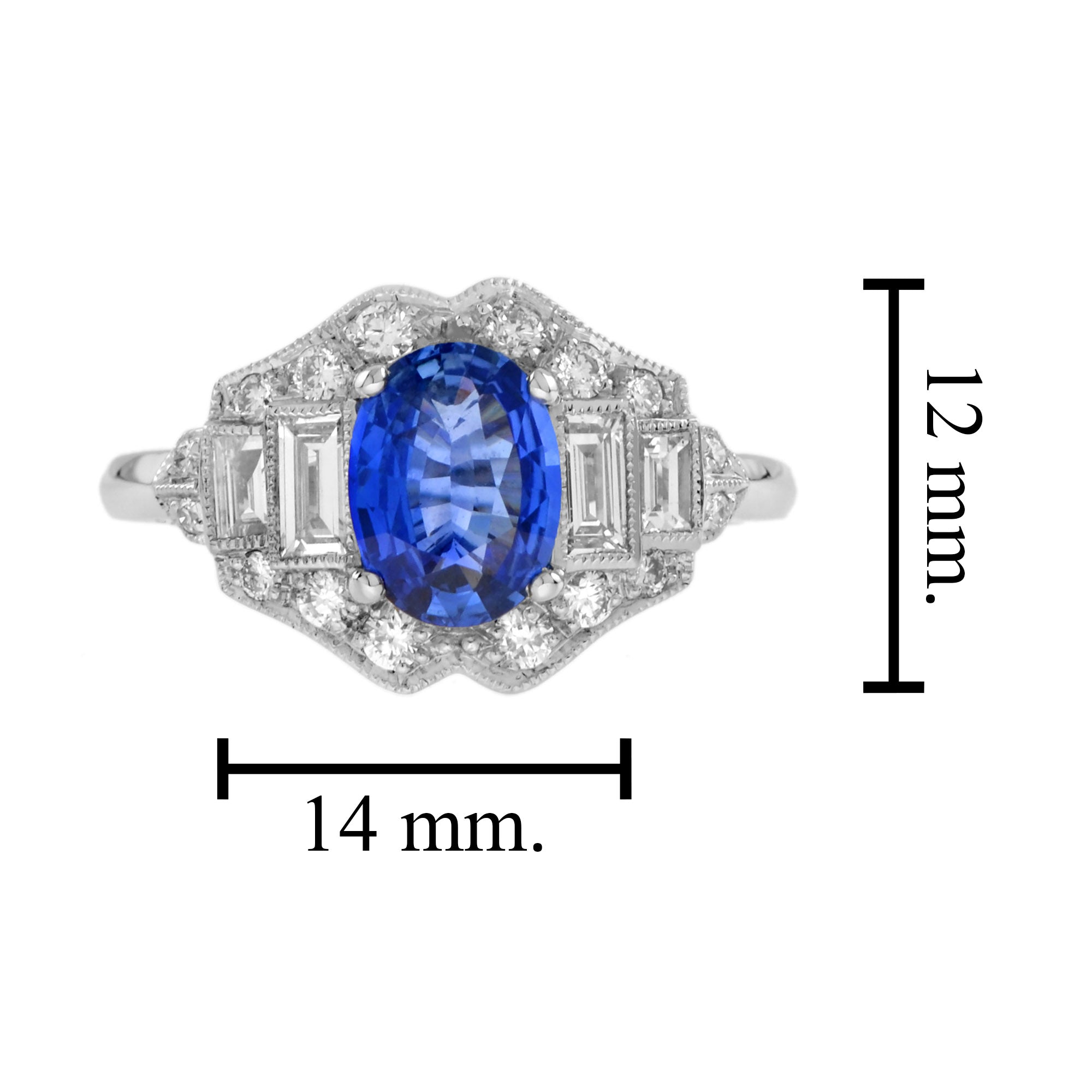 Blue Oval Shape Sapphire & Diamond Art Deco Style Engagement 14K White Gold Ring