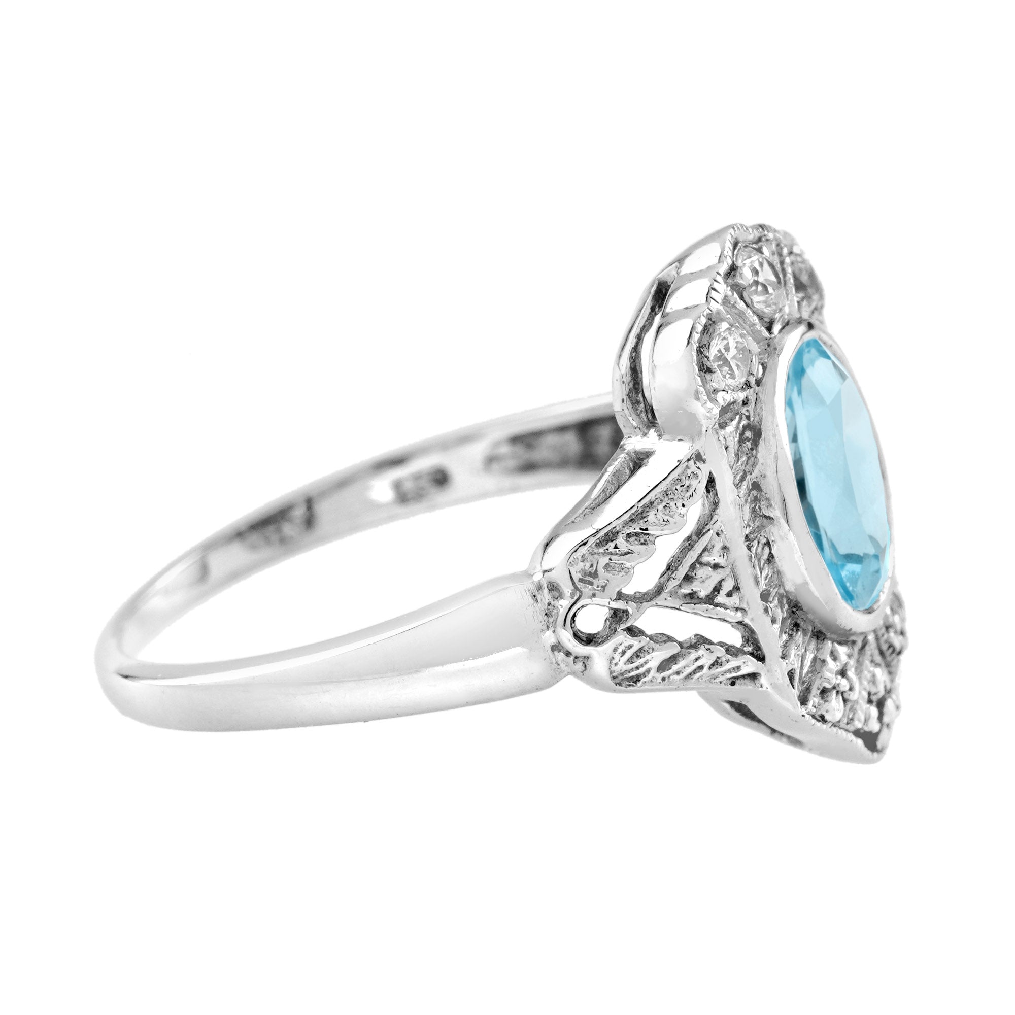 Oval Blue Aquamarine & Diamond Art Deco Style Engagement 14K White Gold Ring