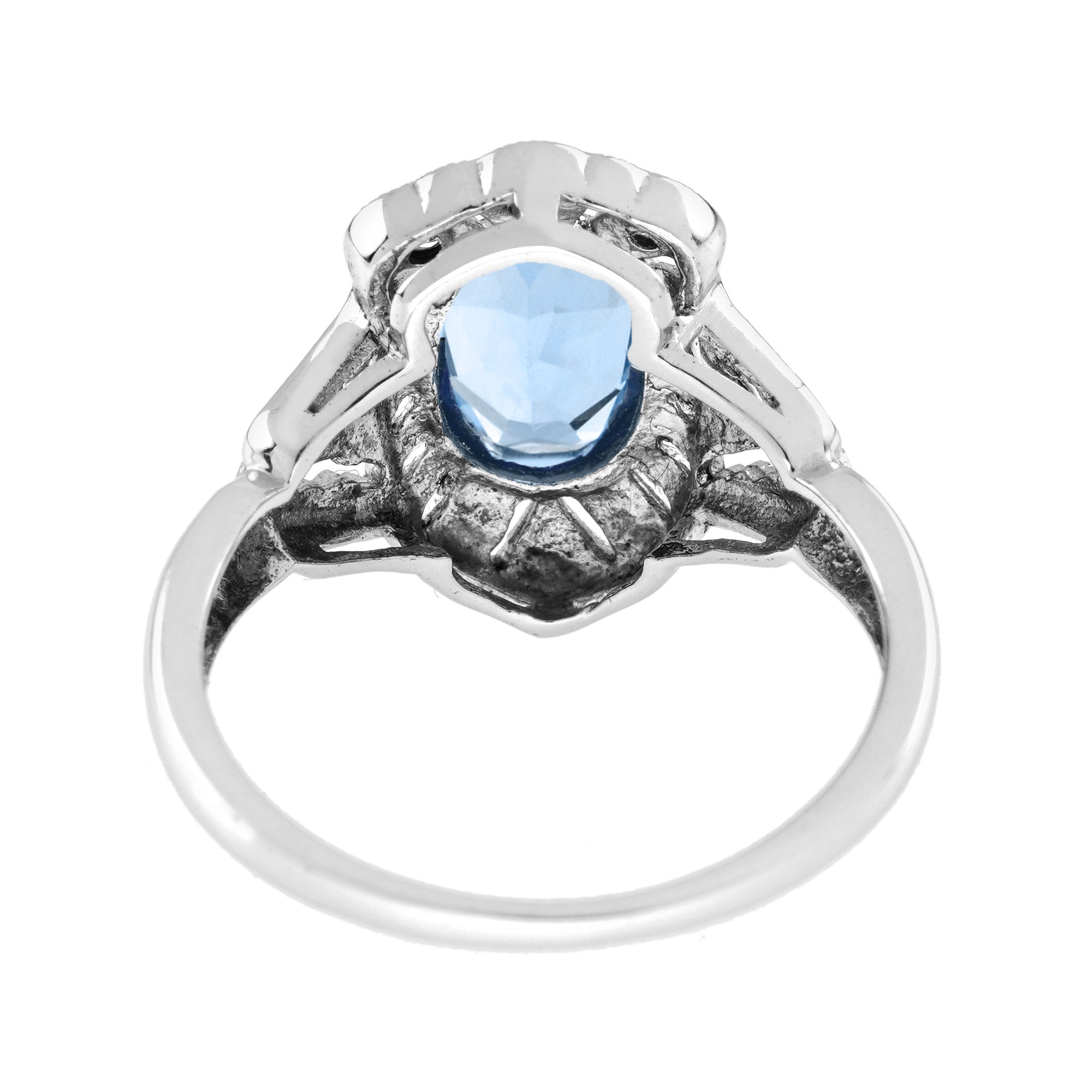 Oval Blue Aquamarine & Diamond Art Deco Style Engagement 14K White Gold Ring