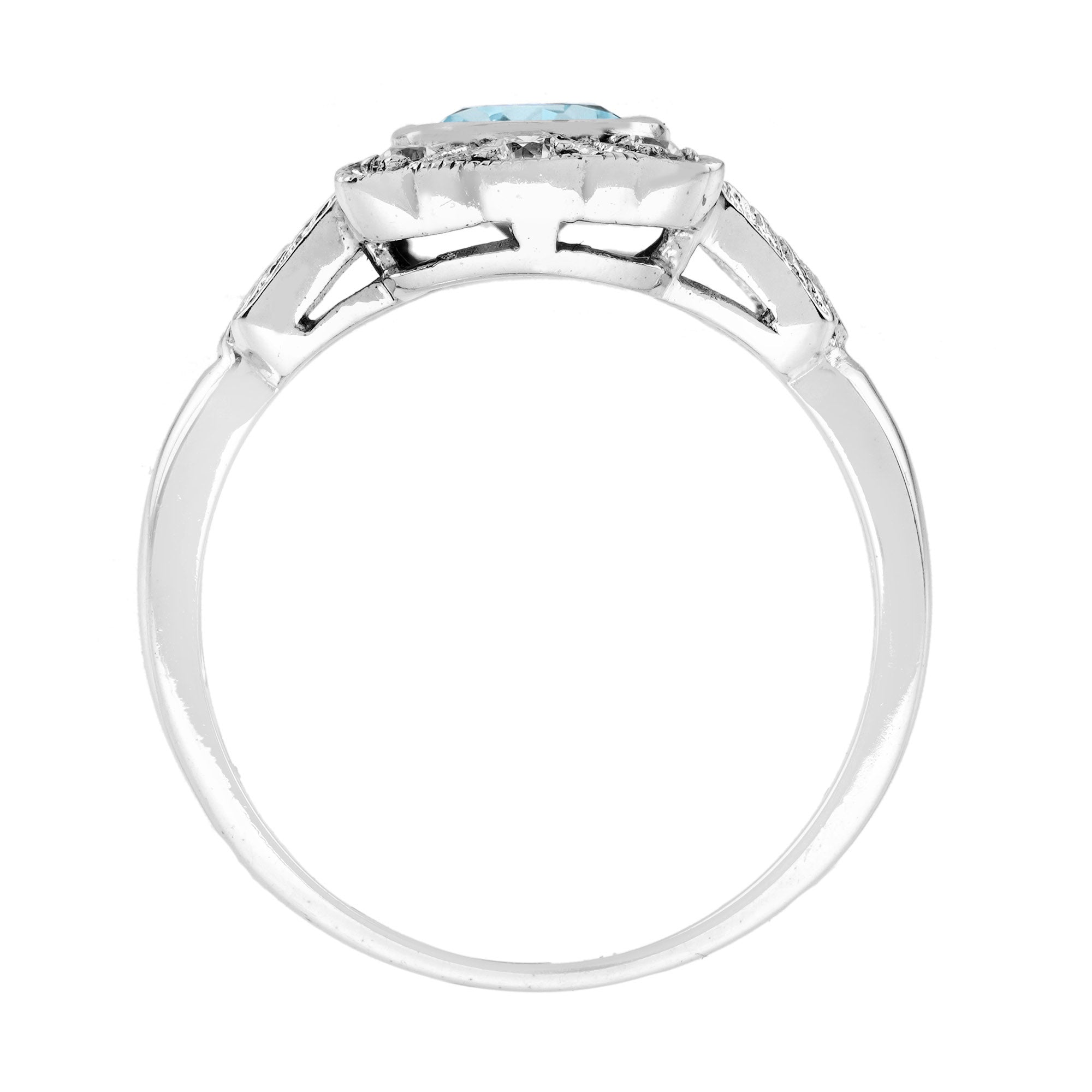 Oval Blue Aquamarine & Diamond Art Deco Style Engagement 14K White Gold Ring