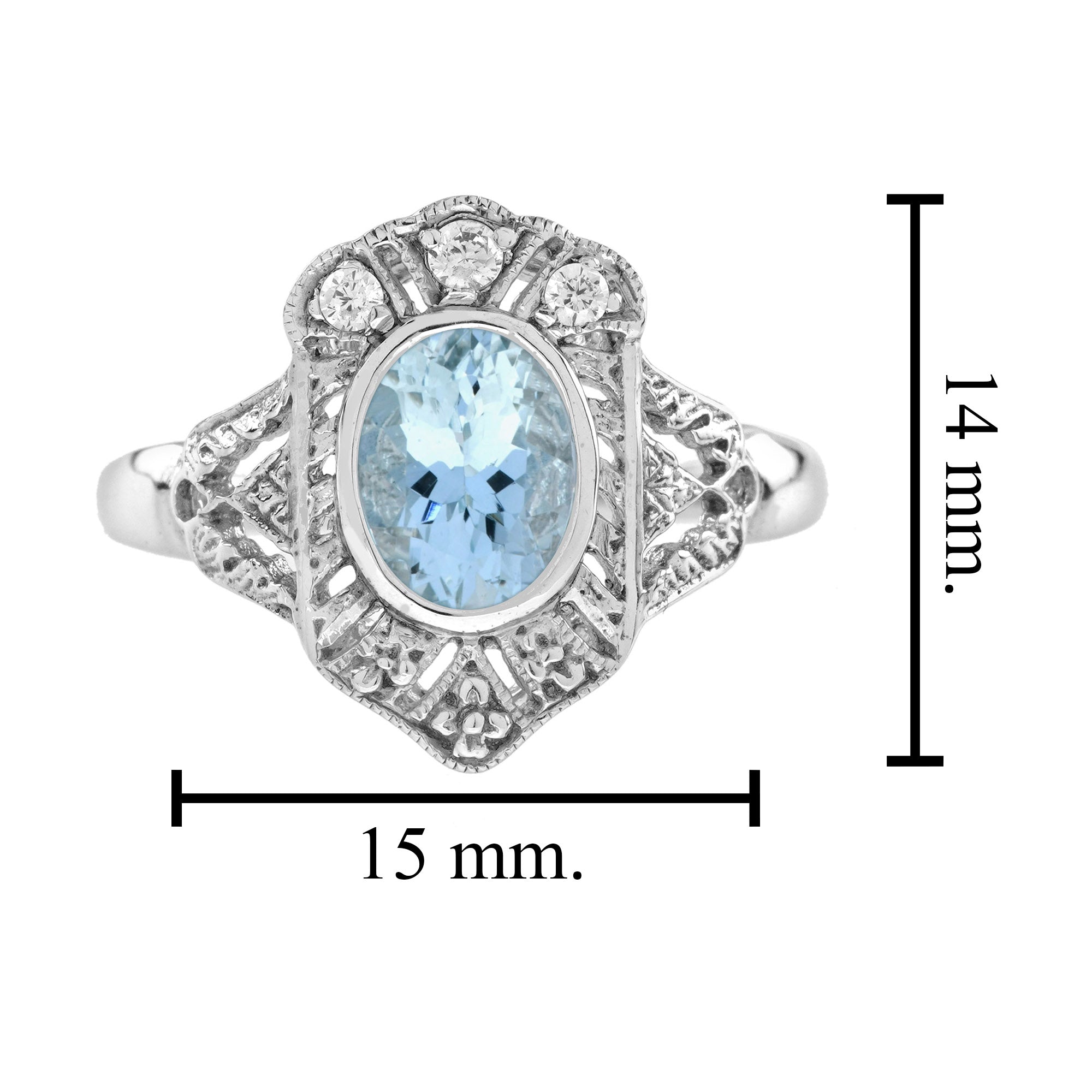 Oval Blue Aquamarine & Diamond Art Deco Style Engagement 14K White Gold Ring