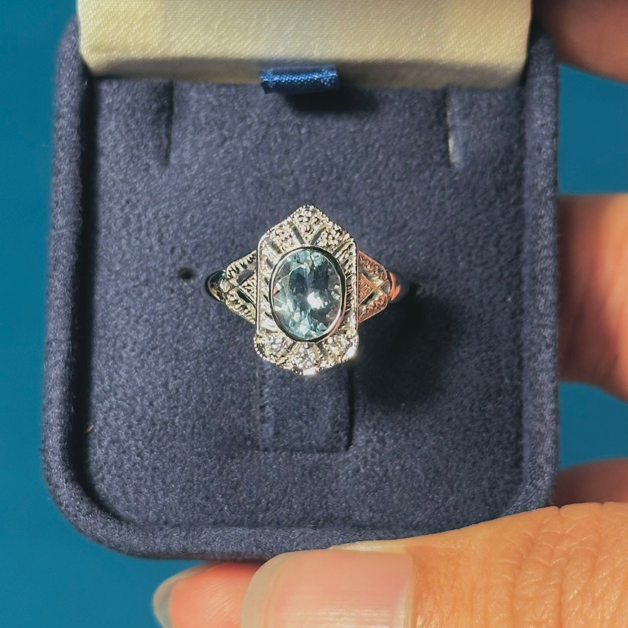 Oval Blue Aquamarine & Diamond Art Deco Style Engagement 14K White Gold Ring