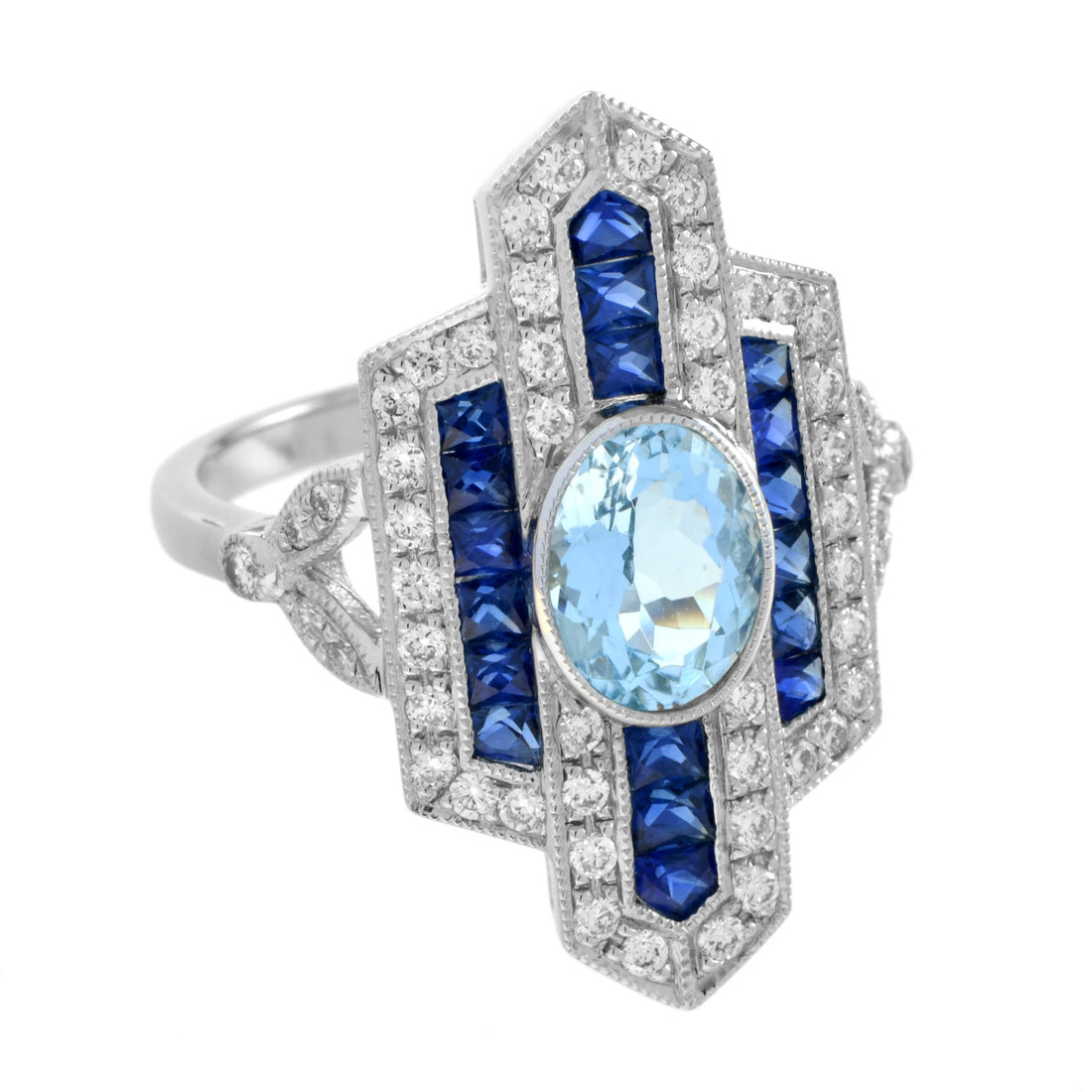 Oval Shape Aquamarine & Blue Sapphire Diamond Art Deco Style White Gold Ring