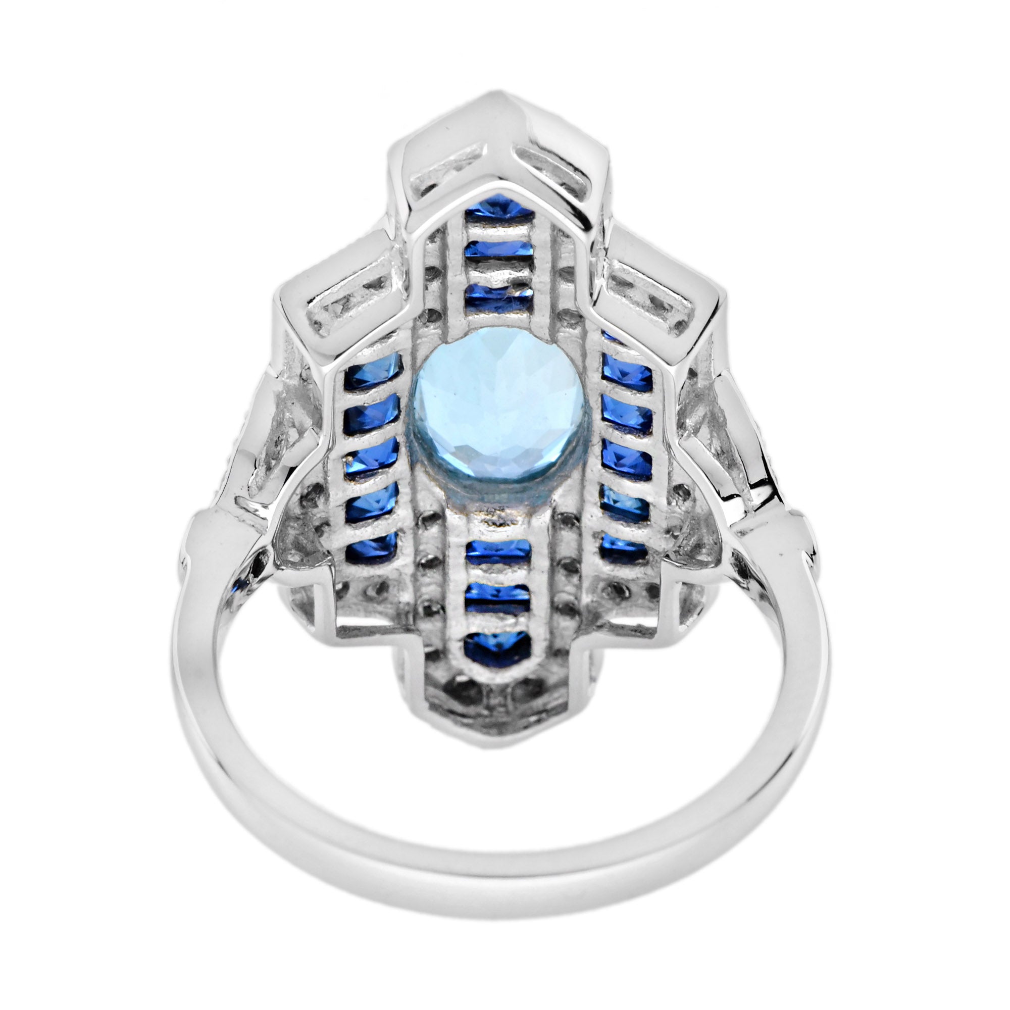 Oval Shape Aquamarine & Blue Sapphire Diamond Art Deco Style White Gold Ring